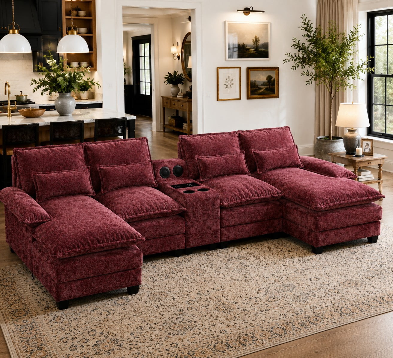 Villeston 126.77 U-Shaped Cloud Sofa With Chaise Lounge, Chenille Sofa With Wireless Charging, Bluetooth Speaker, Two Cup Holders, Storage Drawer, Suitable For Living Room,Gray