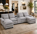 Villeston 126.77 U-Shaped Cloud Sofa With Chaise Lounge, Chenille Sofa With Wireless Charging, Bluetooth Speaker, Two Cup Holders, Storage Drawer, Suitable For Living Room,Gray