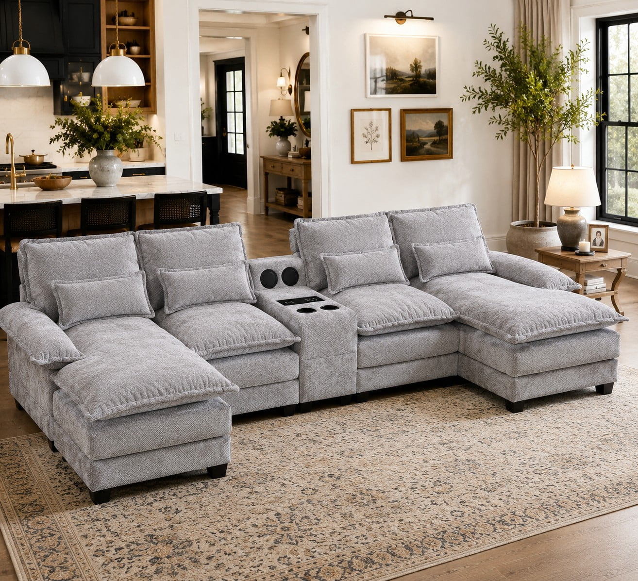 Villeston 126.77 U-Shaped Cloud Sofa With Chaise Lounge, Chenille Sofa With Wireless Charging, Bluetooth Speaker, Two Cup Holders, Storage Drawer, Suitable For Living Room,Gray