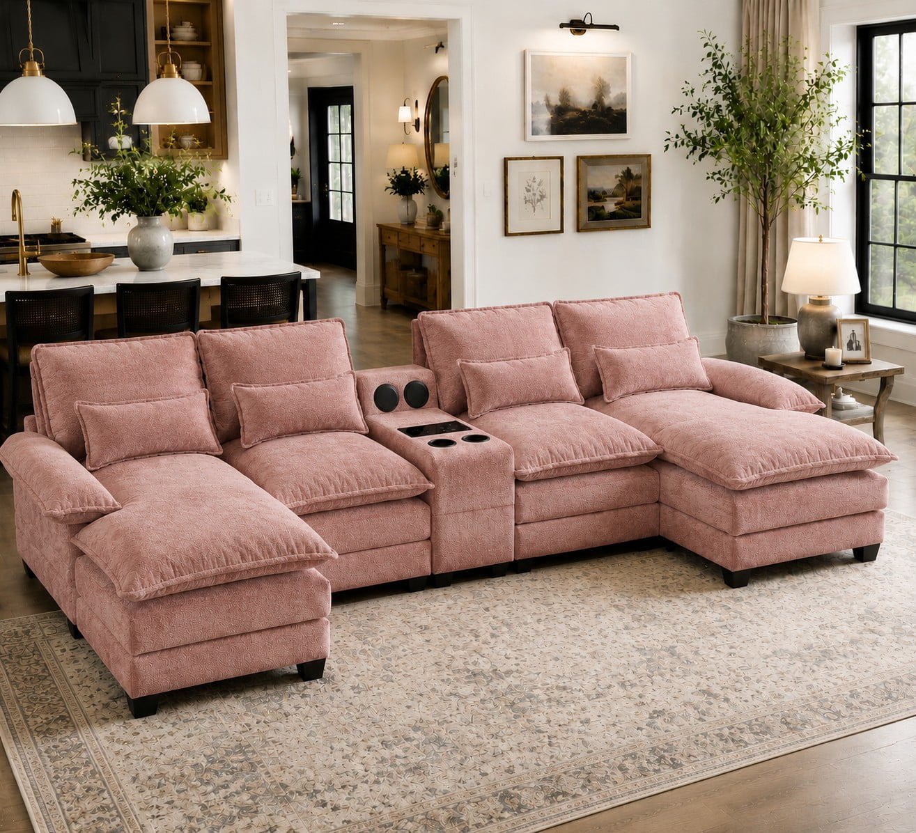 Villeston 126.77 U-Shaped Cloud Sofa With Chaise Lounge, Chenille Sofa With Wireless Charging, Bluetooth Speaker, Two Cup Holders, Storage Drawer, Suitable For Living Room,Gray