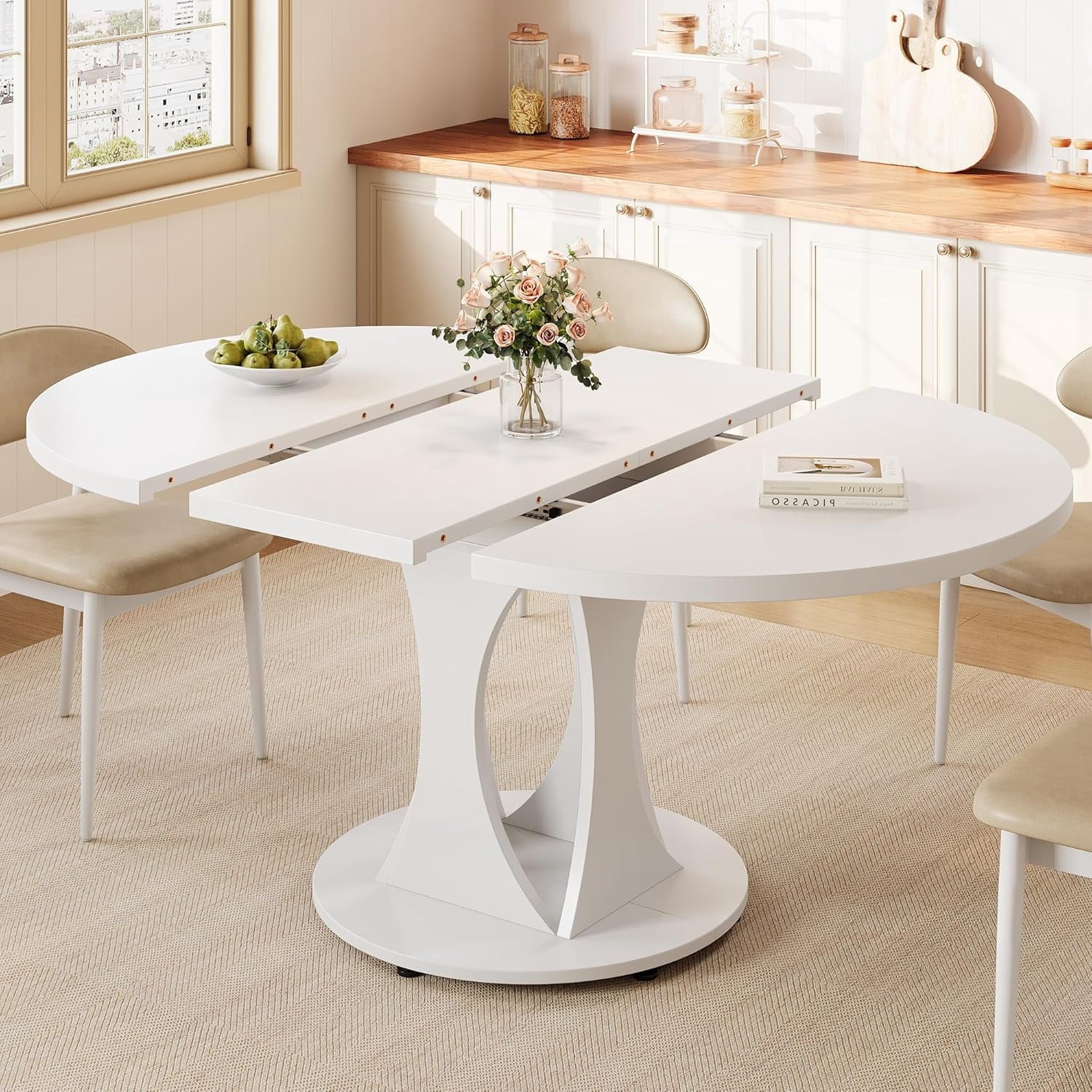 Virans 43.3-59 Extendable Round Dining Table for 6-8,Kitchen Table with MDF,Modern Dinner Table for Dining Rooms,Living Rooms,Walnut