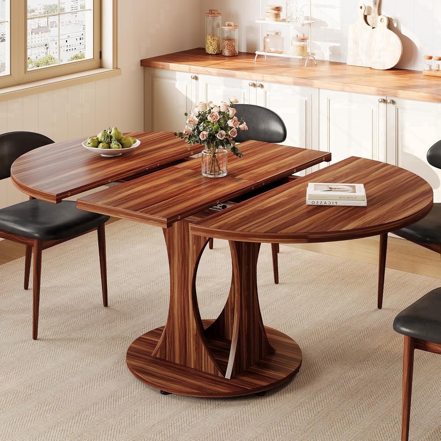 Virans 43.3-59 Extendable Round Dining Table for 6-8,Kitchen Table with MDF,Modern Dinner Table for Dining Rooms,Living Rooms,Walnut