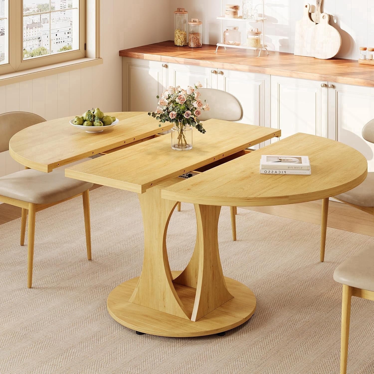 Virans 43.3-59 Extendable Round Dining Table for 6-8,Kitchen Table with MDF,Modern Dinner Table for Dining Rooms,Living Rooms,Walnut