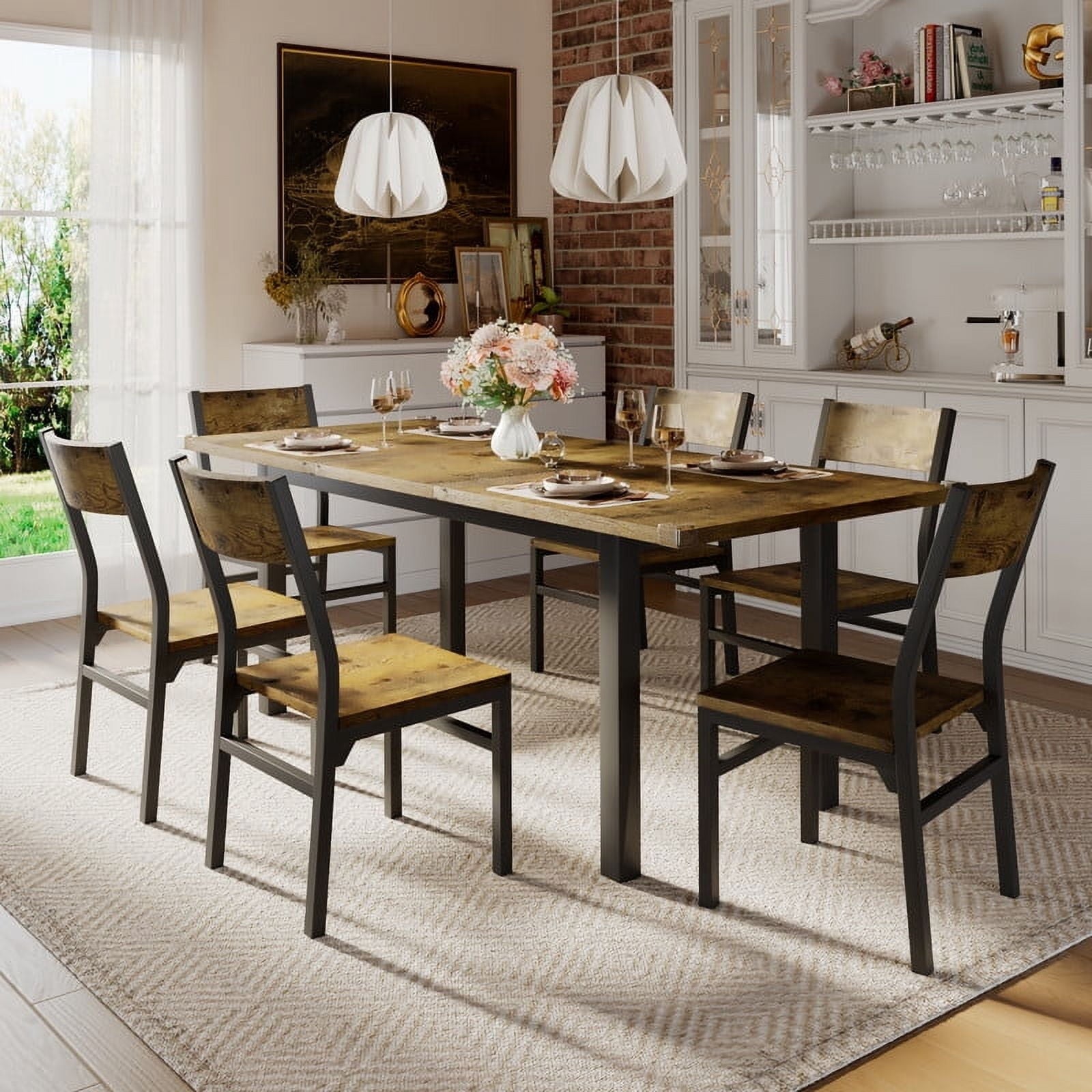 Virans 7-Piece Dining Table & Chairs Set for 4-6, 63 Extendable Kitchen Table with 6 Chairs, Dining Room Table with Metal Frame & MDF Board, Perfect for Small Space, Easy Assembly,Espresso