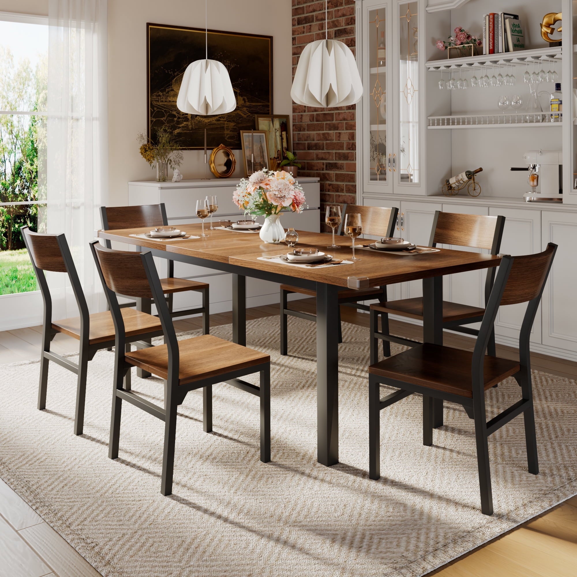 Virans 7-Piece Dining Table & Chairs Set for 4-6, 63 Extendable Kitchen Table with 6 Chairs, Dining Room Table with Metal Frame & MDF Board, Perfect for Small Space, Easy Assembly,Espresso