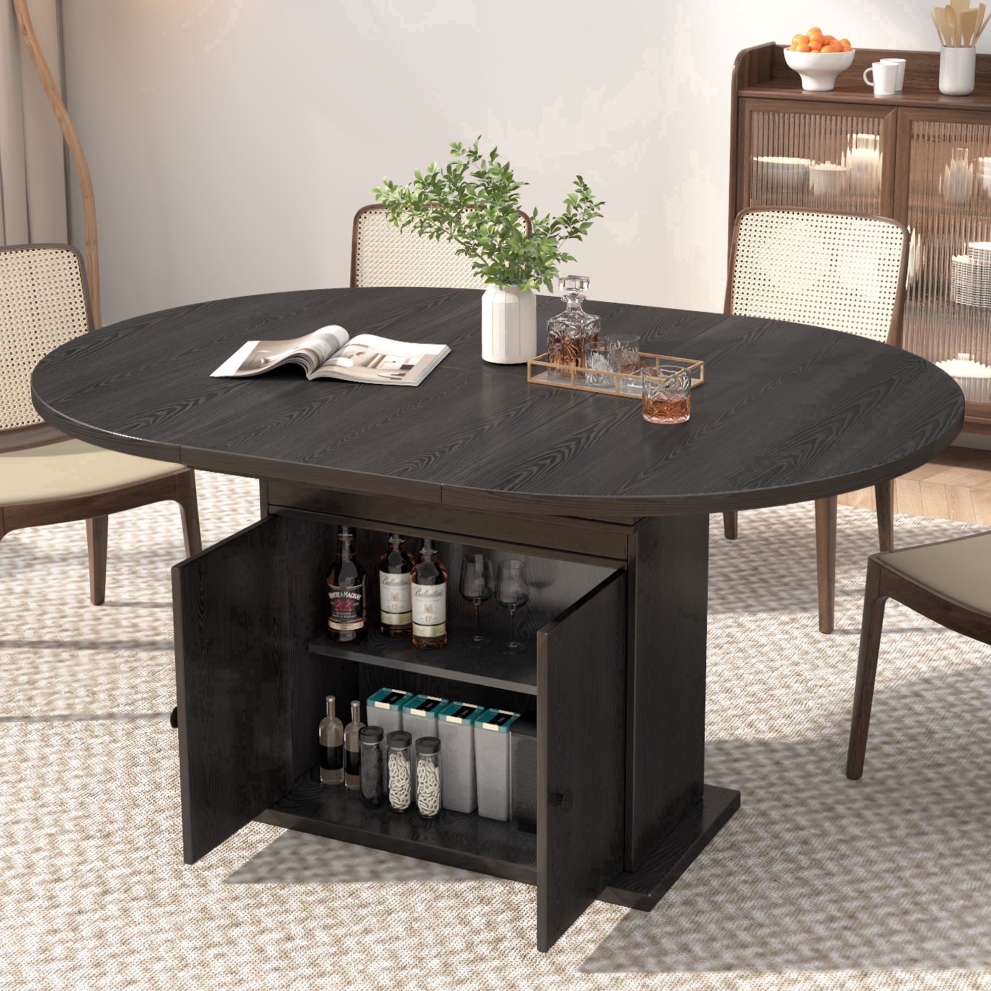 WARAYZ 43.3–59in Extendable Dining Table, Wood Expandable Design with Hidden Storage, Rectangular Space-Saving Dark Brown