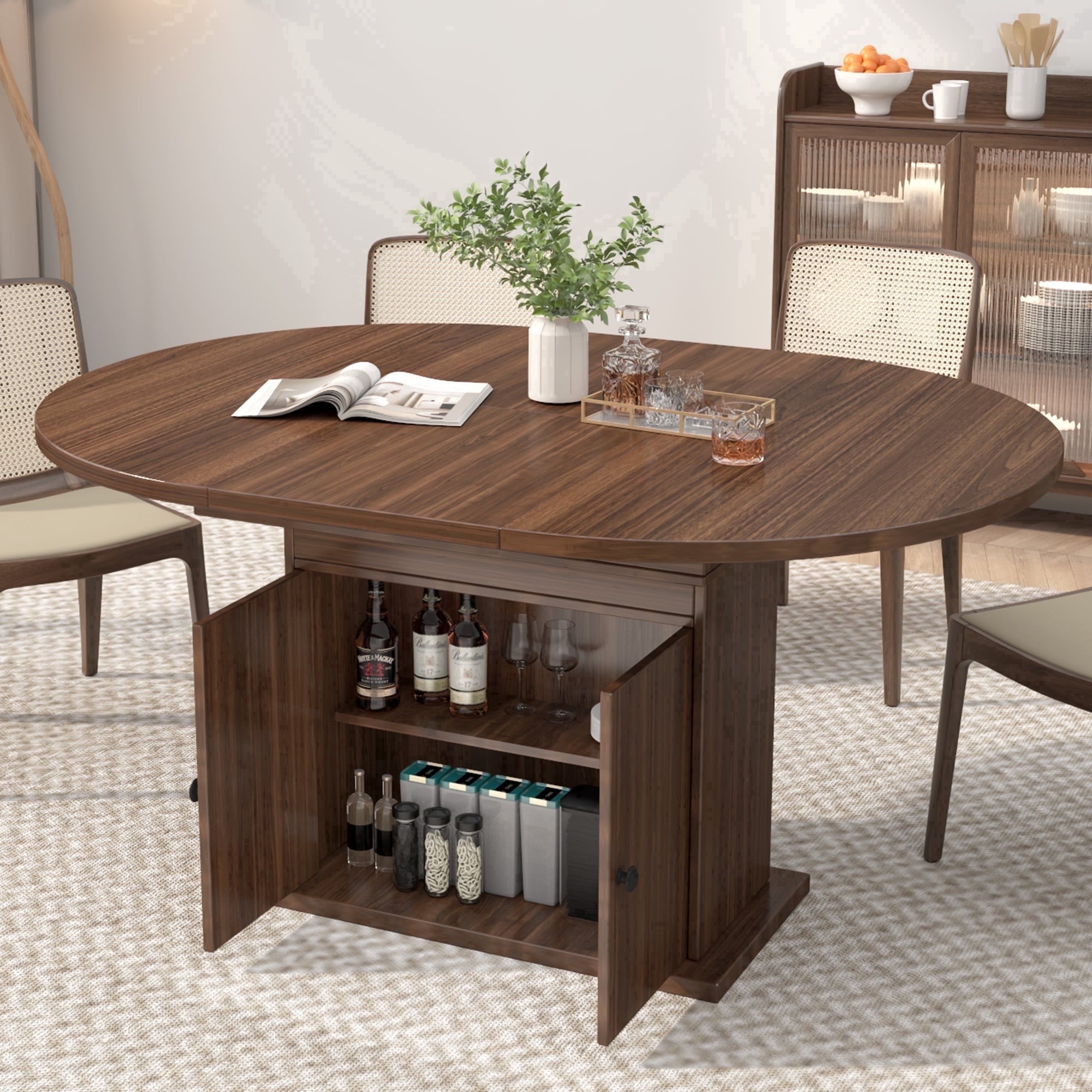 WARAYZ 43.3–59in Extendable Dining Table, Wood Expandable Design with Hidden Storage, Rectangular Space-Saving Dark Brown