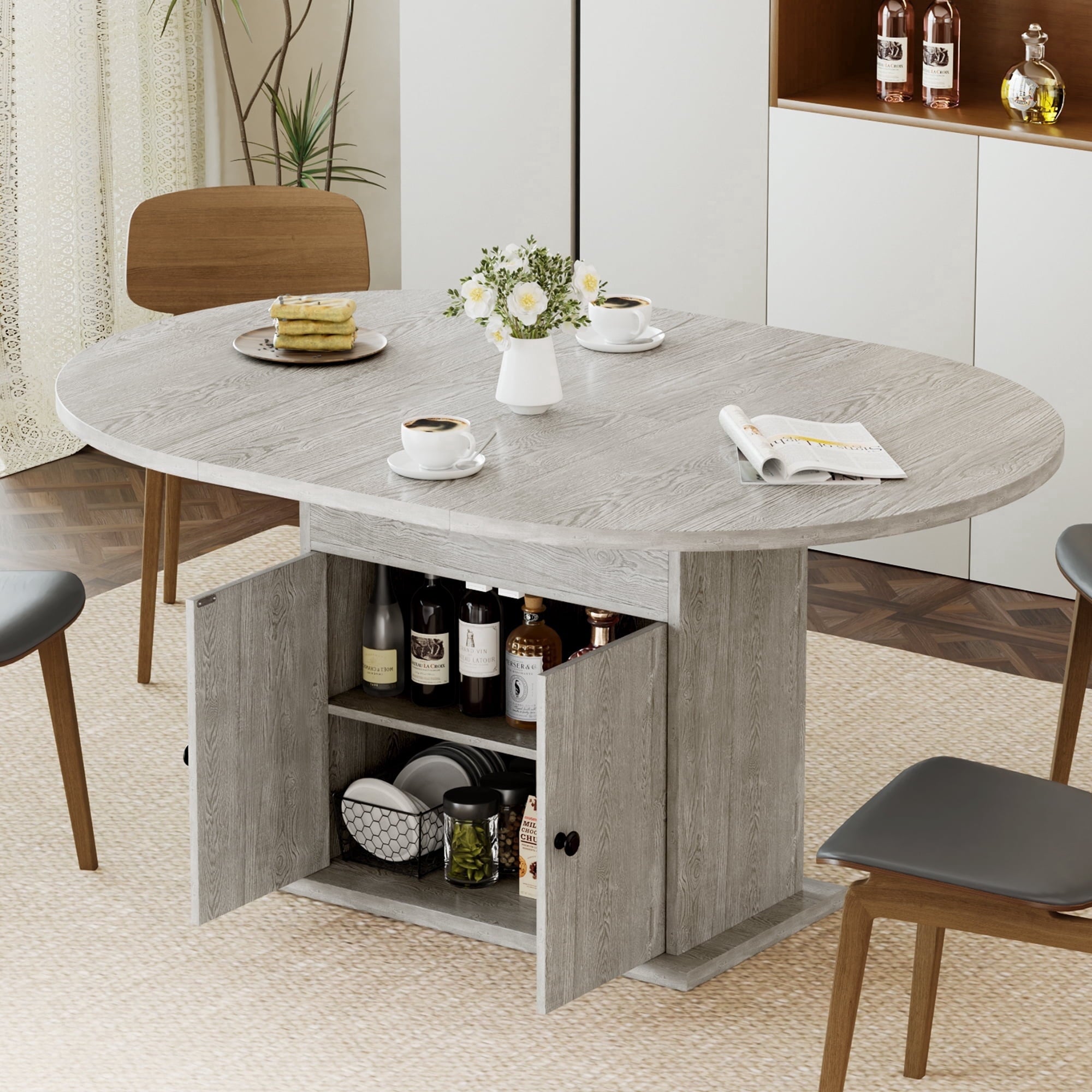 WARAYZ 43.3–59in Extendable Dining Table, Wood Expandable Design with Hidden Storage, Rectangular Space-Saving Dark Brown