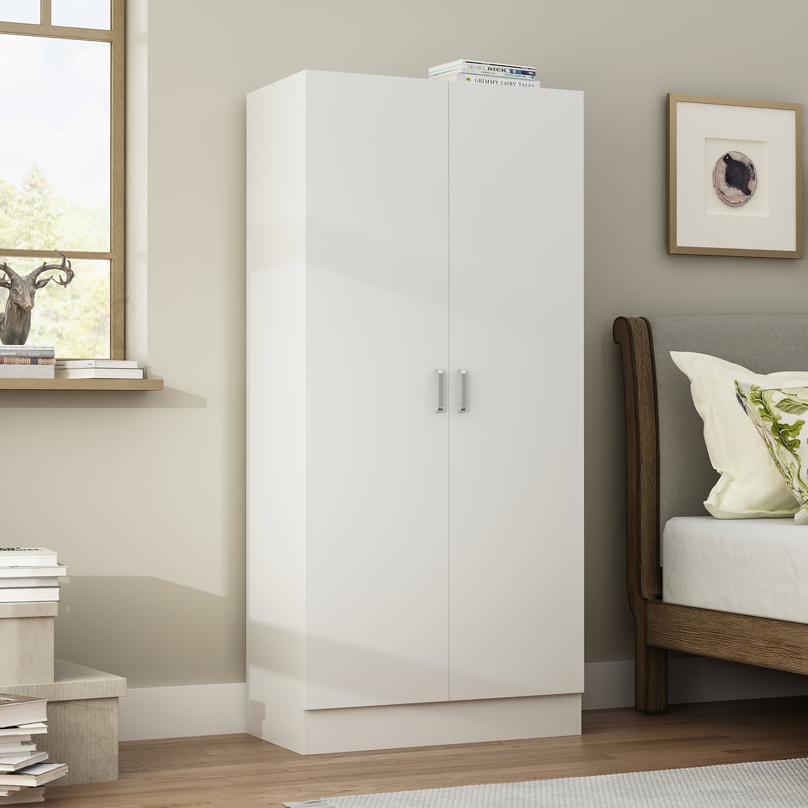 Wiawg 2 Door Wardrobe Armoire,Mirrored Closet Storage with Drawers and Shelves,White