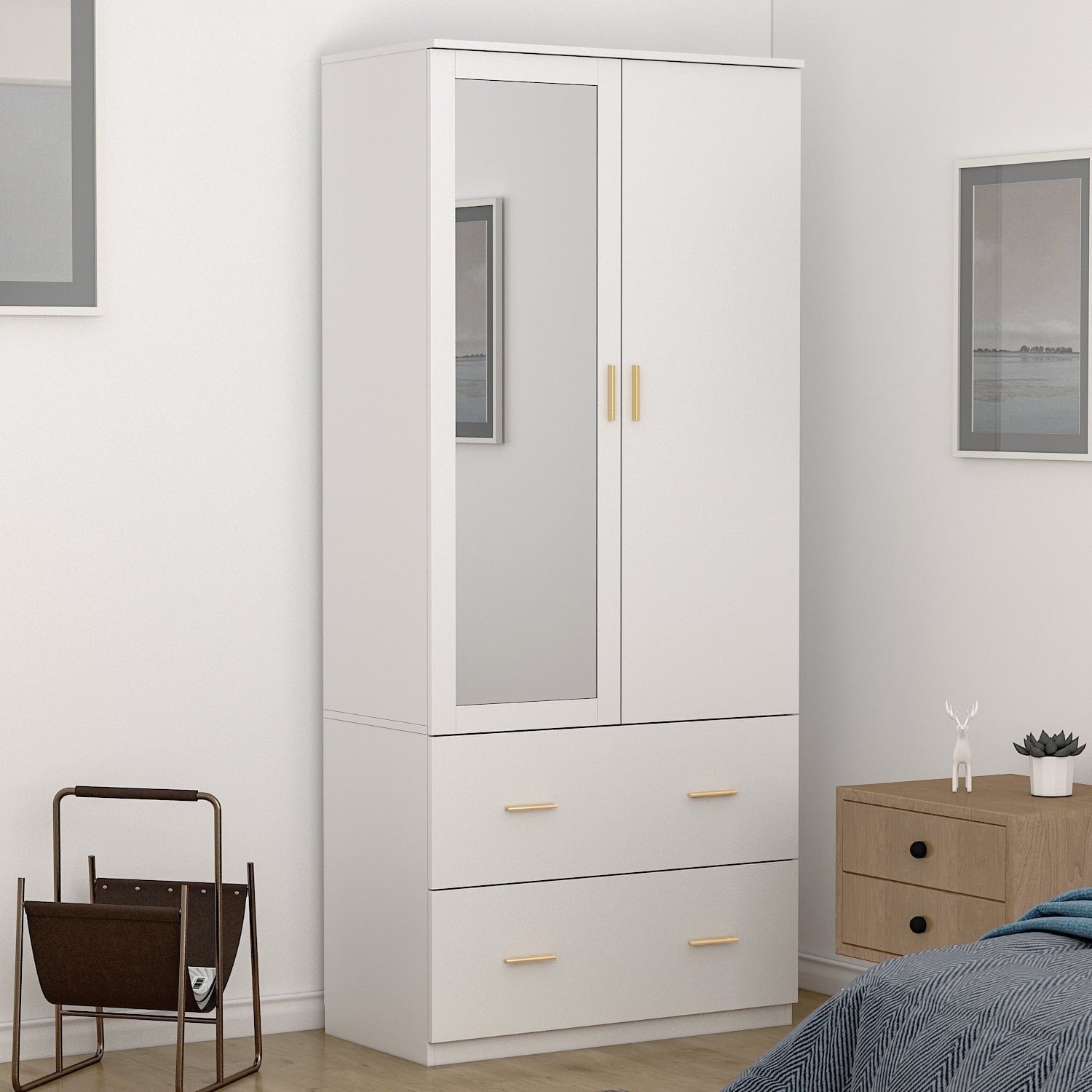 Wiawg 2 Door Wardrobe Armoire,Mirrored Closet Storage with Drawers and Shelves,White