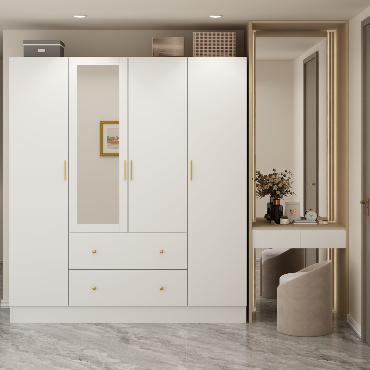 Wiawg 2 Door Wardrobe Armoire,Mirrored Closet Storage with Drawers and Shelves,White