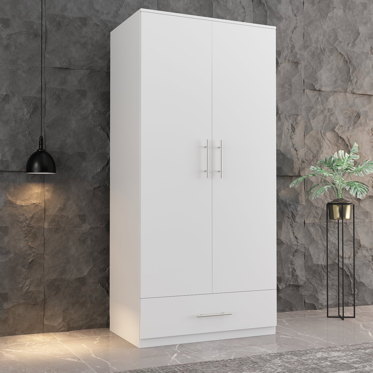 Wiawg 2 Door Wardrobe Armoire,Mirrored Closet Storage with Drawers and Shelves,White