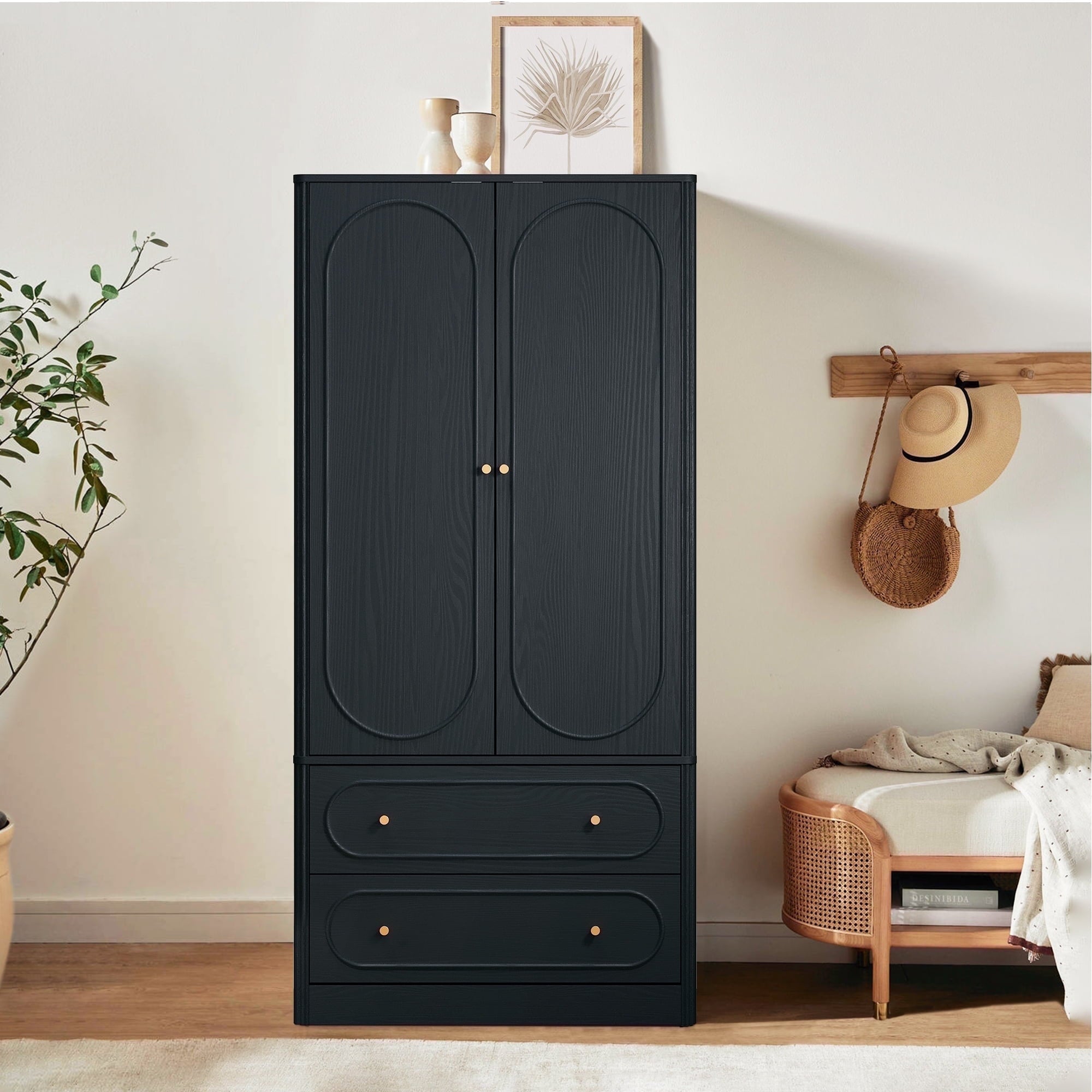 Wirrytor Freestanding Wooden Armoire Wardrobe with 2 Woven Doors and Storage Drawers, Space-Saving Closet Cabinet for Bedroom, Sturdy Mdf Board Closet with Hanging Rail