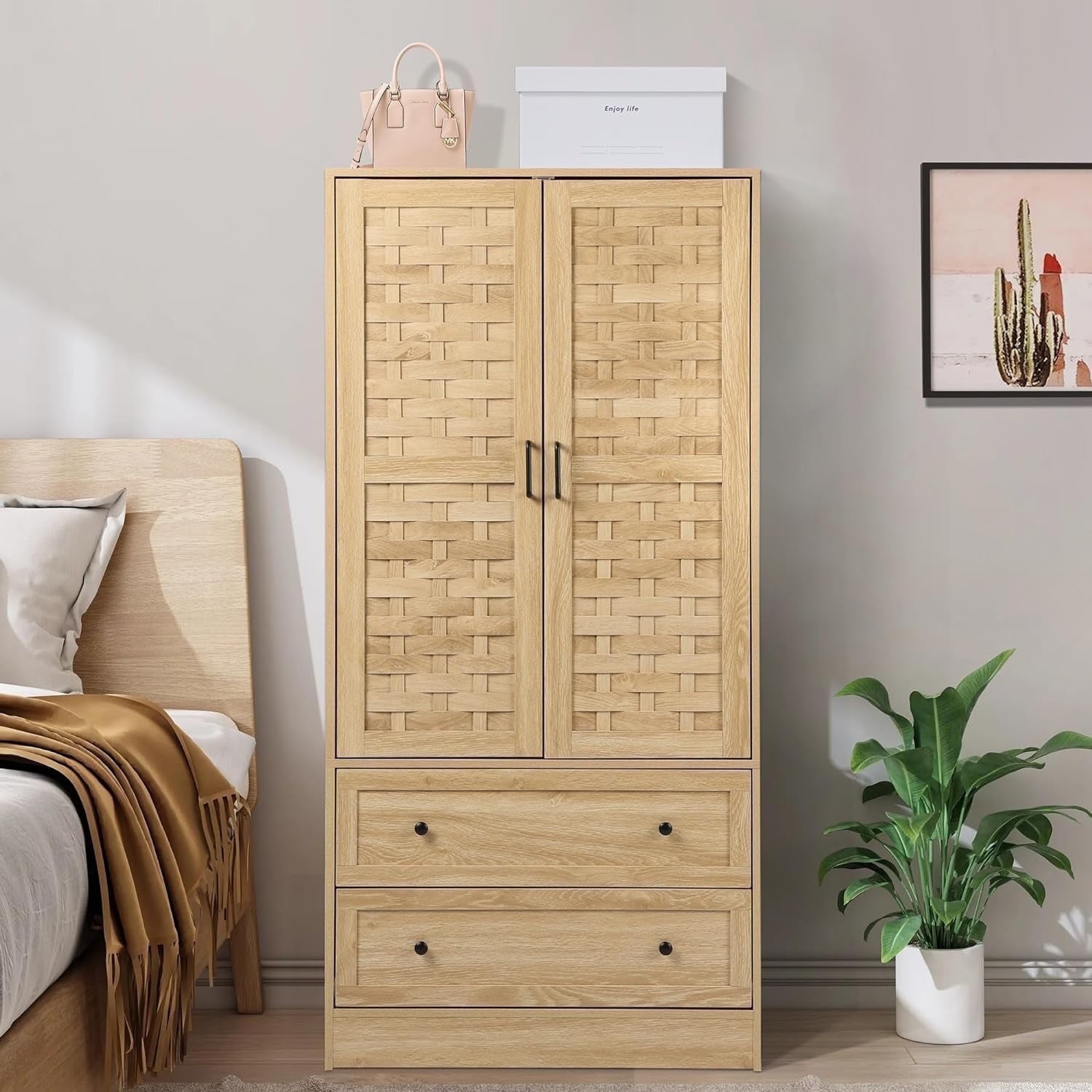 Wirrytor Freestanding Wooden Armoire Wardrobe with 2 Woven Doors and Storage Drawers, Space-Saving Closet Cabinet for Bedroom, Sturdy Mdf Board Closet with Hanging Rail