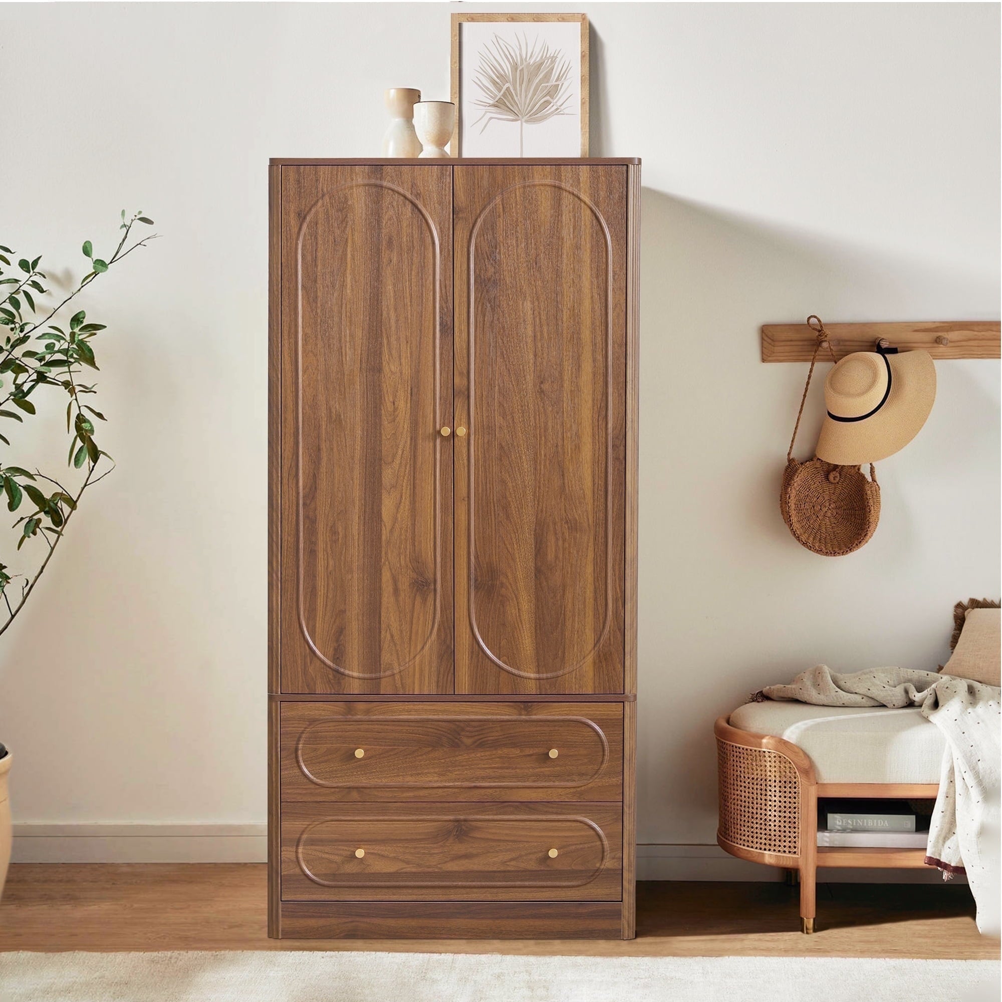 Wirrytor Freestanding Wooden Armoire Wardrobe with 2 Woven Doors and Storage Drawers, Space-Saving Closet Cabinet for Bedroom, Sturdy Mdf Board Closet with Hanging Rail