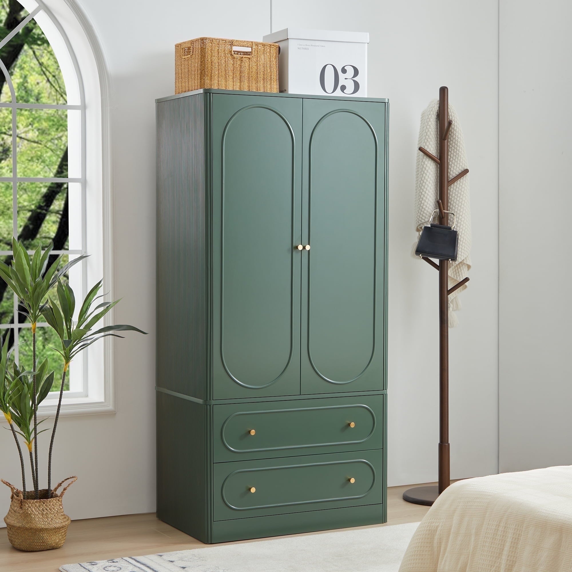 Wirrytor Freestanding Wooden Armoire Wardrobe with 2 Woven Doors and Storage Drawers, Space-Saving Closet Cabinet for Bedroom, Sturdy Mdf Board Closet with Hanging Rail