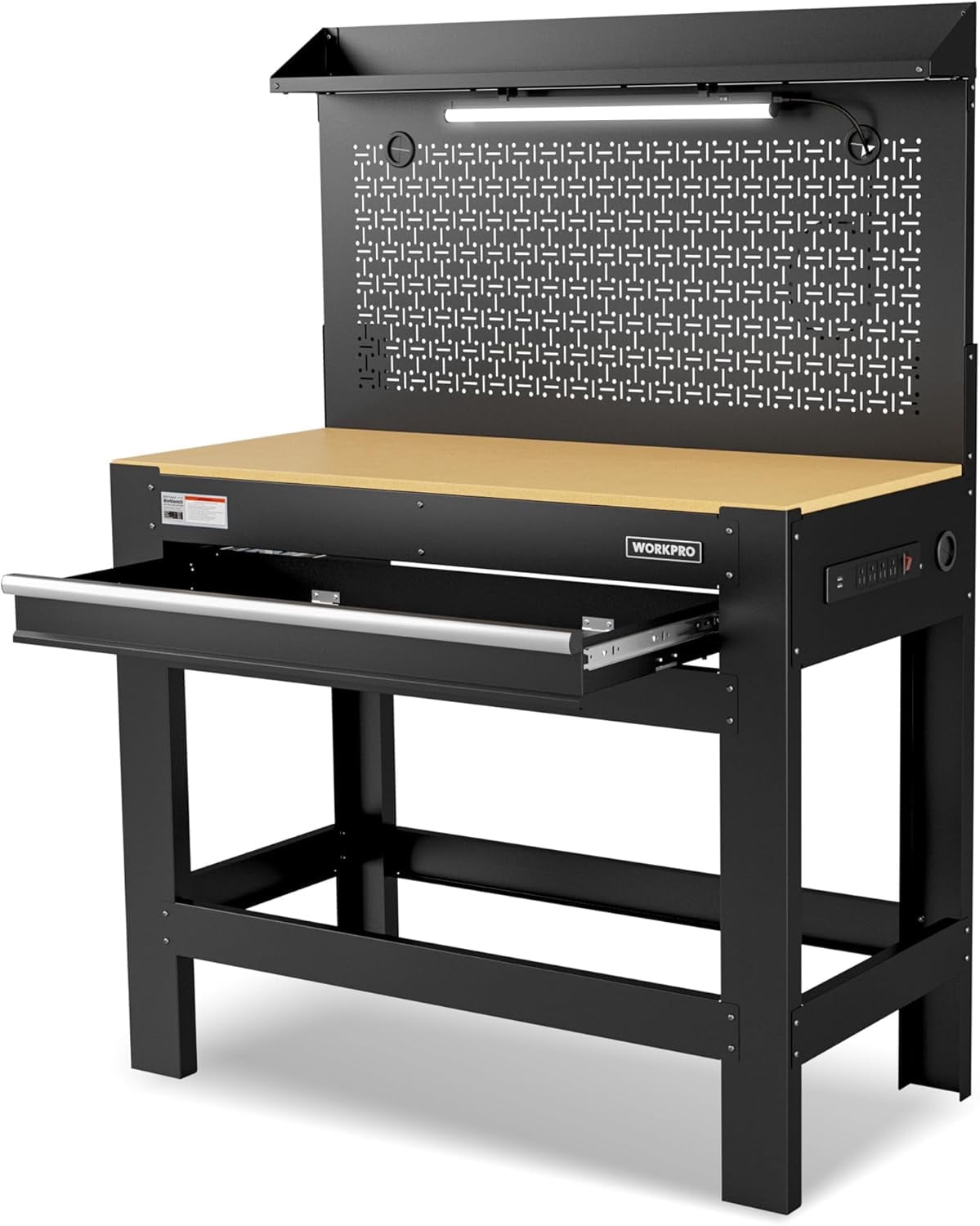 WORKPRO 45 Garage Workbench with Storage, Heavy-Duty Workbench with Pegboard, Power Outlets and Light, 800 LBS Work Bench for Garage, Warehouse, Workshop, Repair Shop