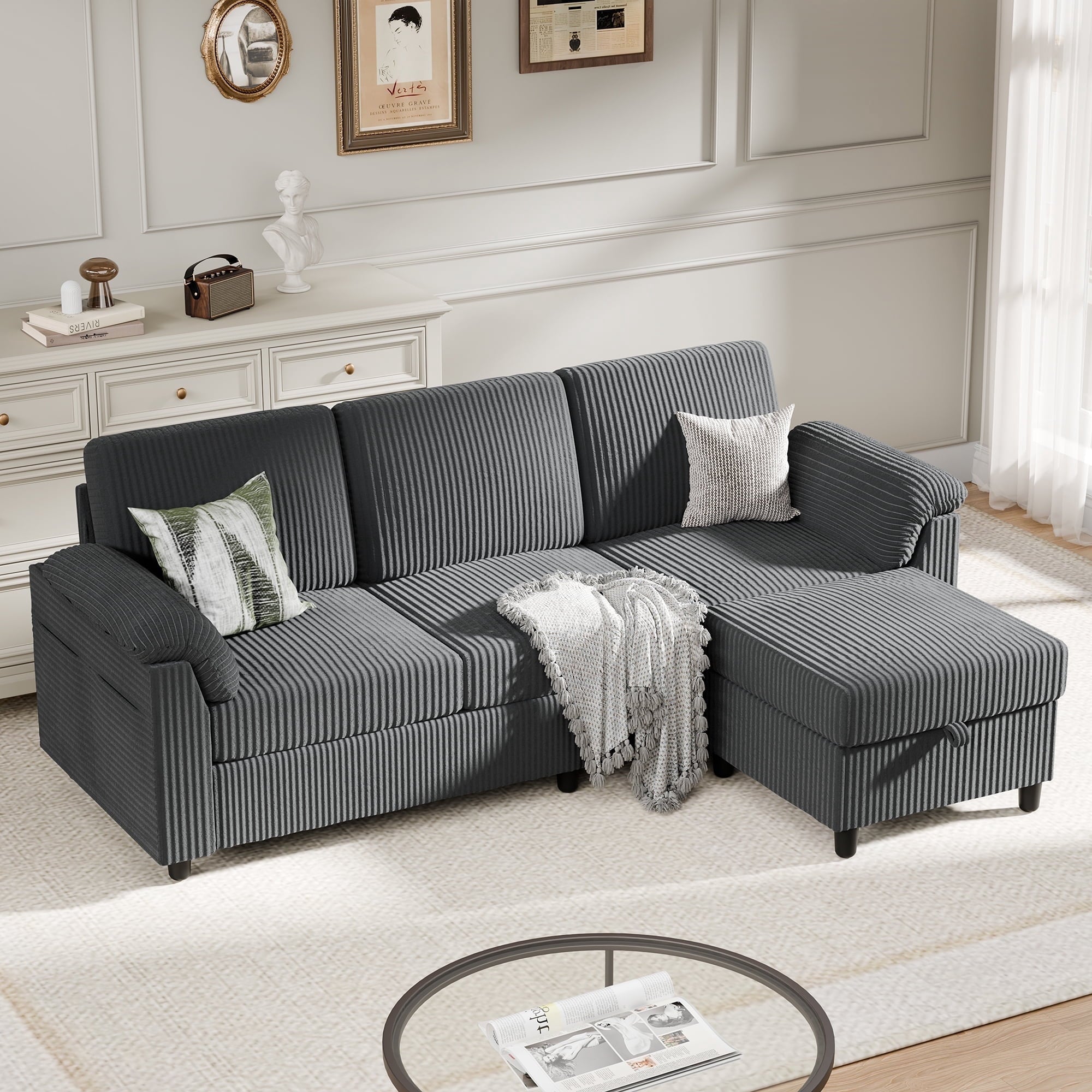 Walsunny 69 Convertible Sectional Sofa Couch with Storage Ottoman,L Shaped Sofa with Removable Pillows & Linen Fabric, Modern 3-Seat Couch with Reversible Storage Chaise,Dark Gray