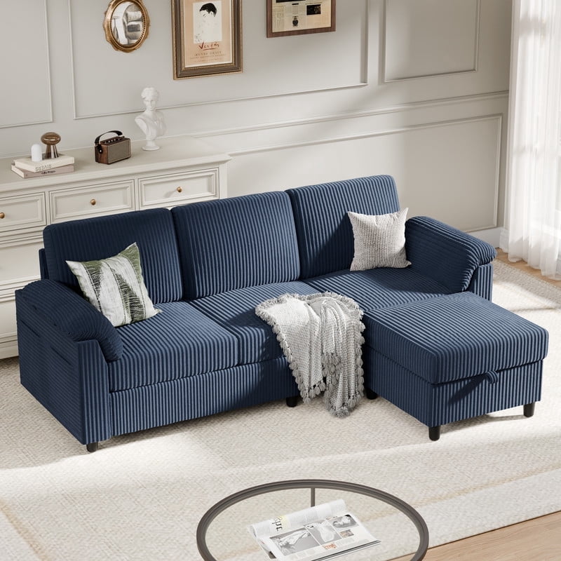 Walsunny 69 Convertible Sectional Sofa Couch with Storage Ottoman,L Shaped Sofa with Removable Pillows & Linen Fabric, Modern 3-Seat Couch with Reversible Storage Chaise,Dark Gray