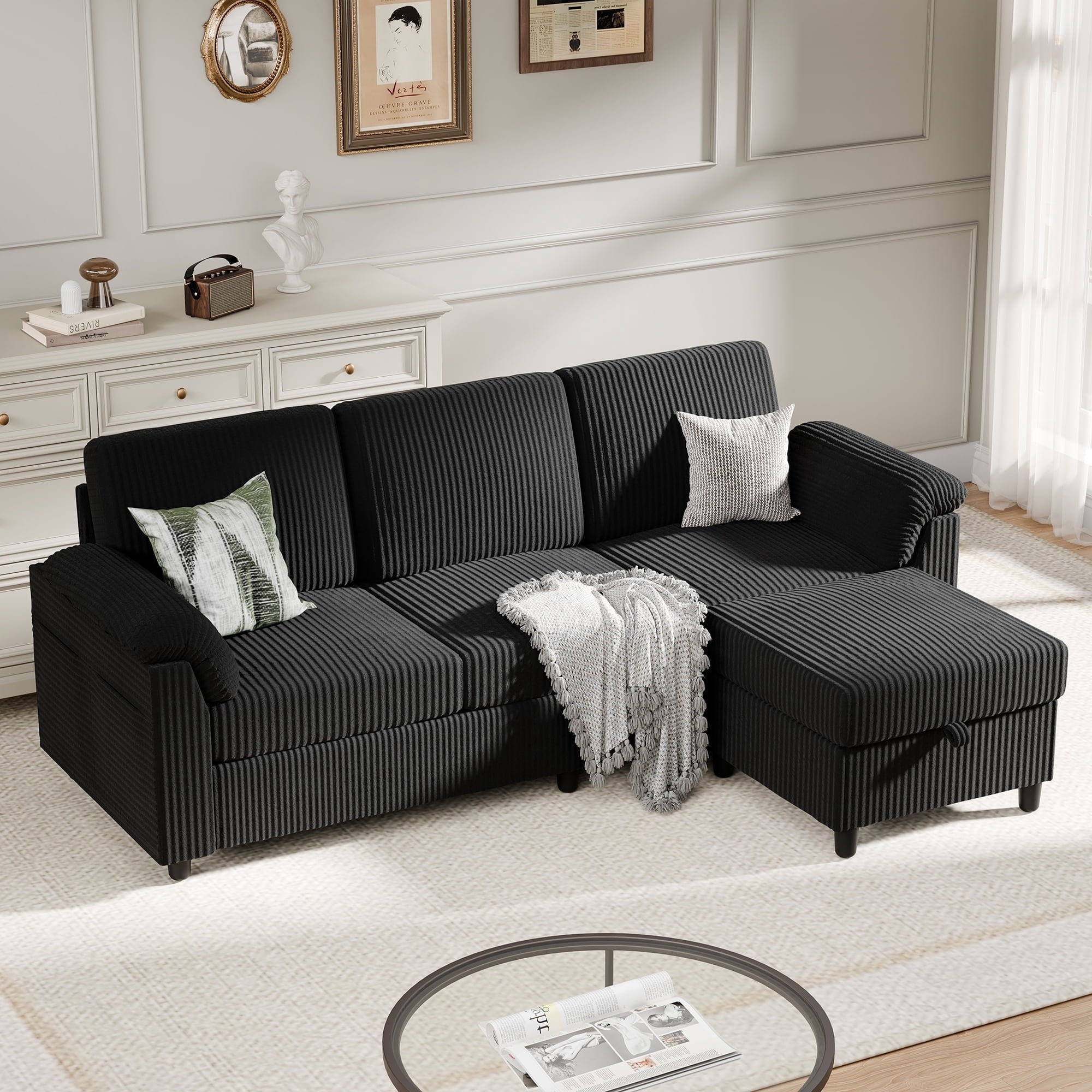 Walsunny 69 Convertible Sectional Sofa Couch with Storage Ottoman,L Shaped Sofa with Removable Pillows & Linen Fabric, Modern 3-Seat Couch with Reversible Storage Chaise,Dark Gray