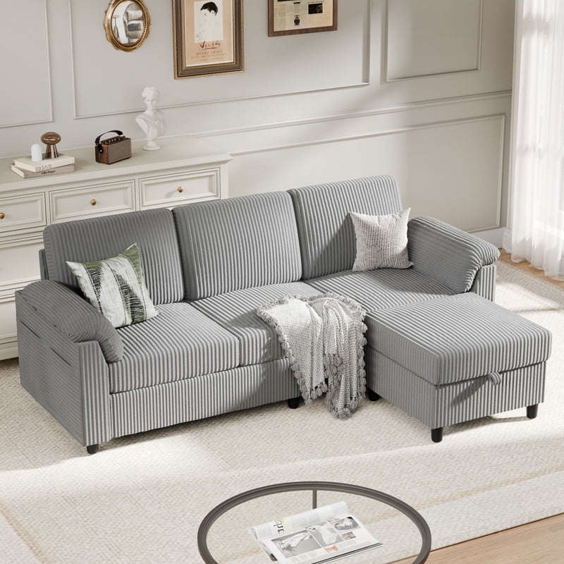 Walsunny 69 Convertible Sectional Sofa Couch with Storage Ottoman,L Shaped Sofa with Removable Pillows & Linen Fabric, Modern 3-Seat Couch with Reversible Storage Chaise,Dark Gray
