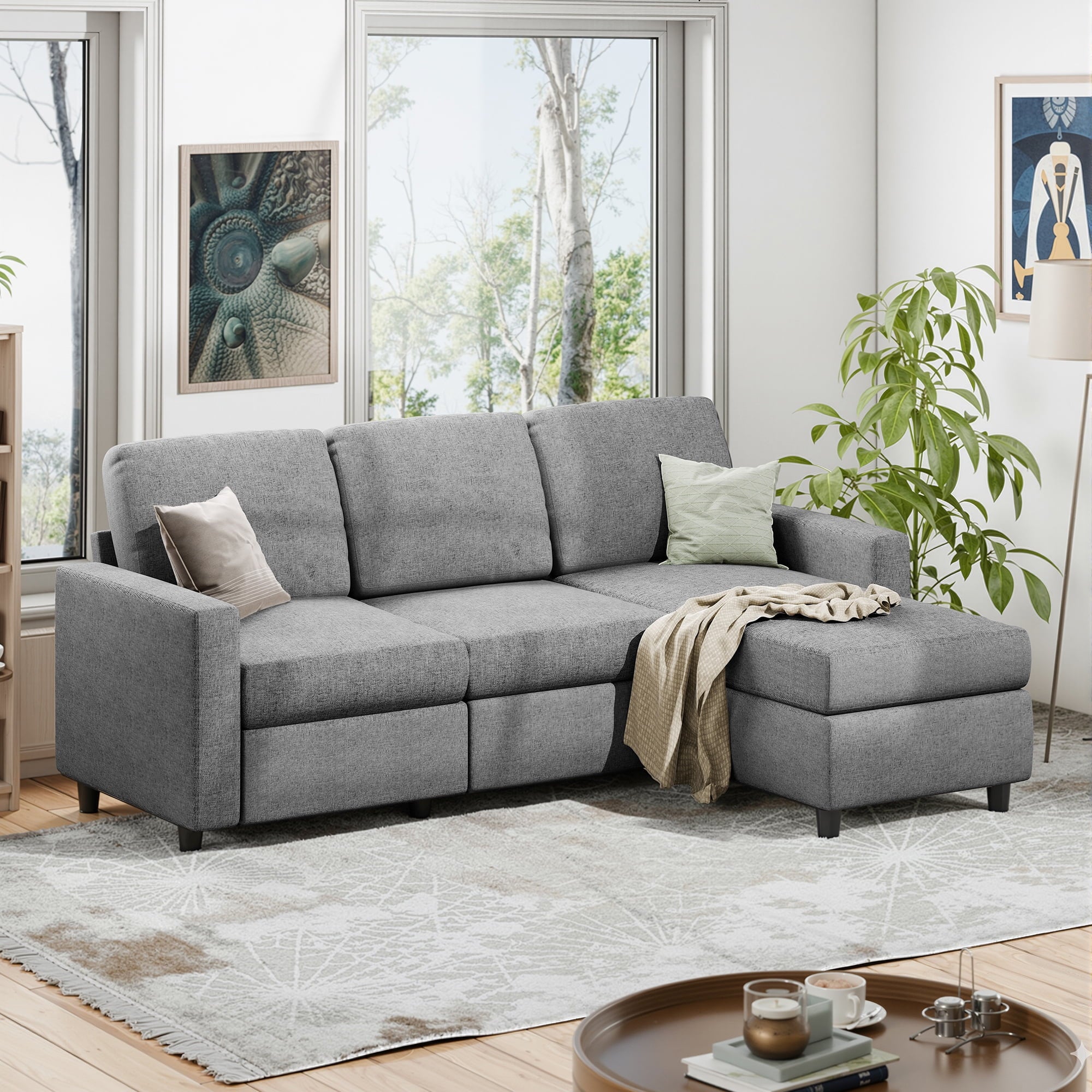 Walsunny 73.6 Convertible Sectional Sofa Couch, L-Shaped 3-Seat Sofa Couch with Reversible Chaise for Small Space,Dark Gray
