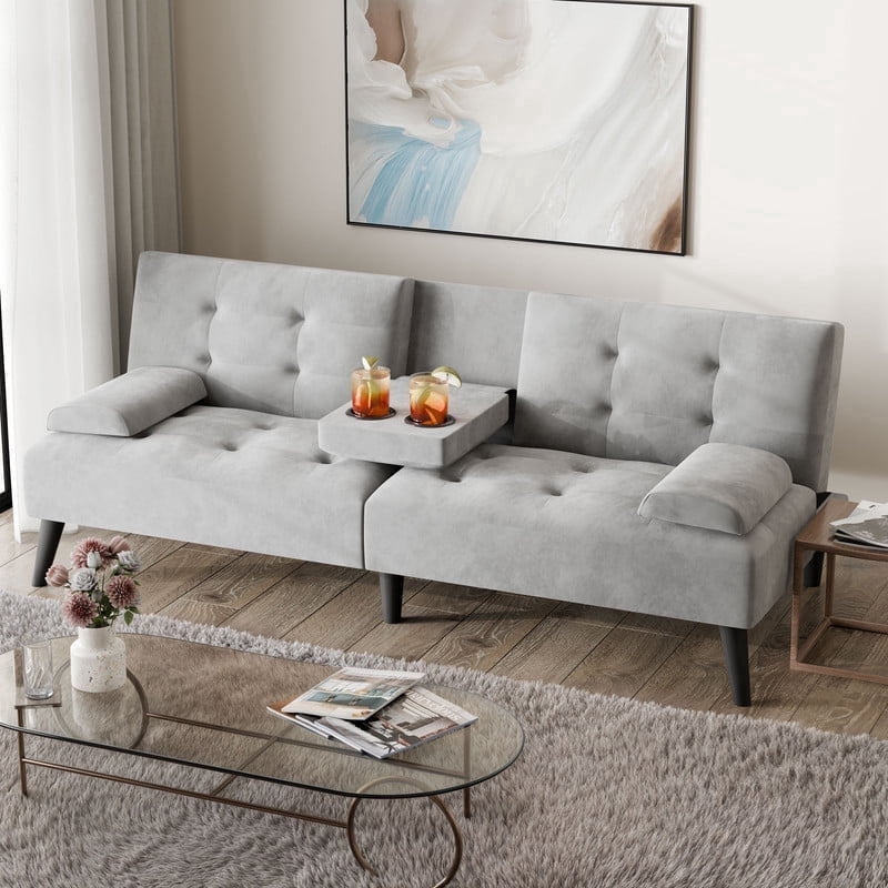 Walsunny Convertible Futon Sofa Bed, Foldable Futon Sleeper Sofa Bed with 2 Cup Holders, Folding Loveseat Recliner with 3-Angle Adjustment Modern Couch for Living Room, Small Space, Pink