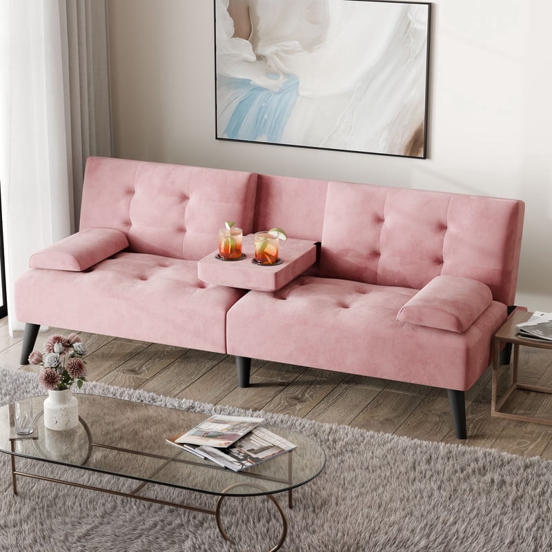 Walsunny Convertible Futon Sofa Bed, Foldable Futon Sleeper Sofa Bed with 2 Cup Holders, Folding Loveseat Recliner with 3-Angle Adjustment Modern Couch for Living Room, Small Space, Pink