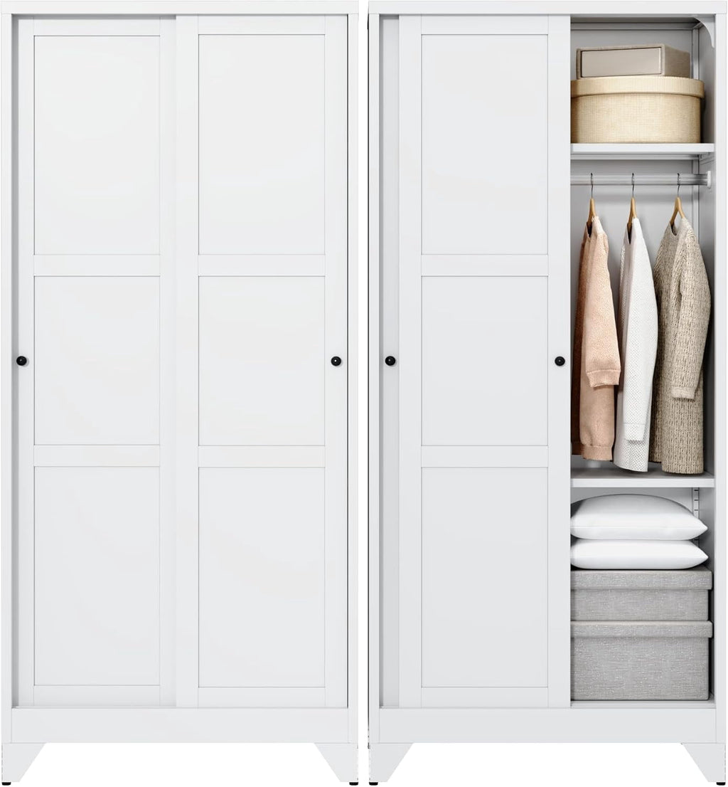 Wardrobe Closet,20 Deep Armoire Wardrobe Cabinets with Sliding Doors and Shelves,Narrow Slim Coat Closet Cabinet with Hanging Rod for Home (White)