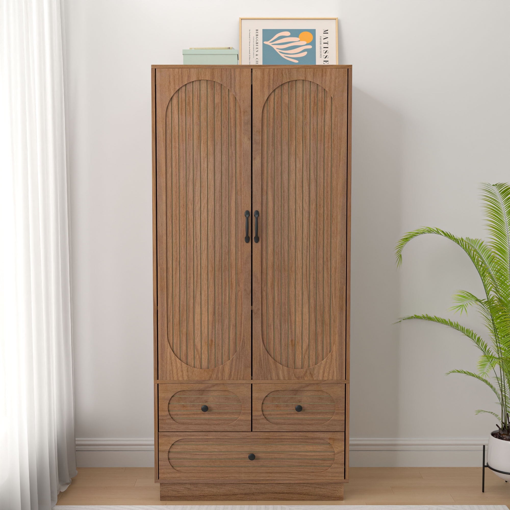 Wardrobe Closet with 2 Door & 3 Drawers, Freestanding Wooden Closet with Shelves and Hanging Rod, Bedroom