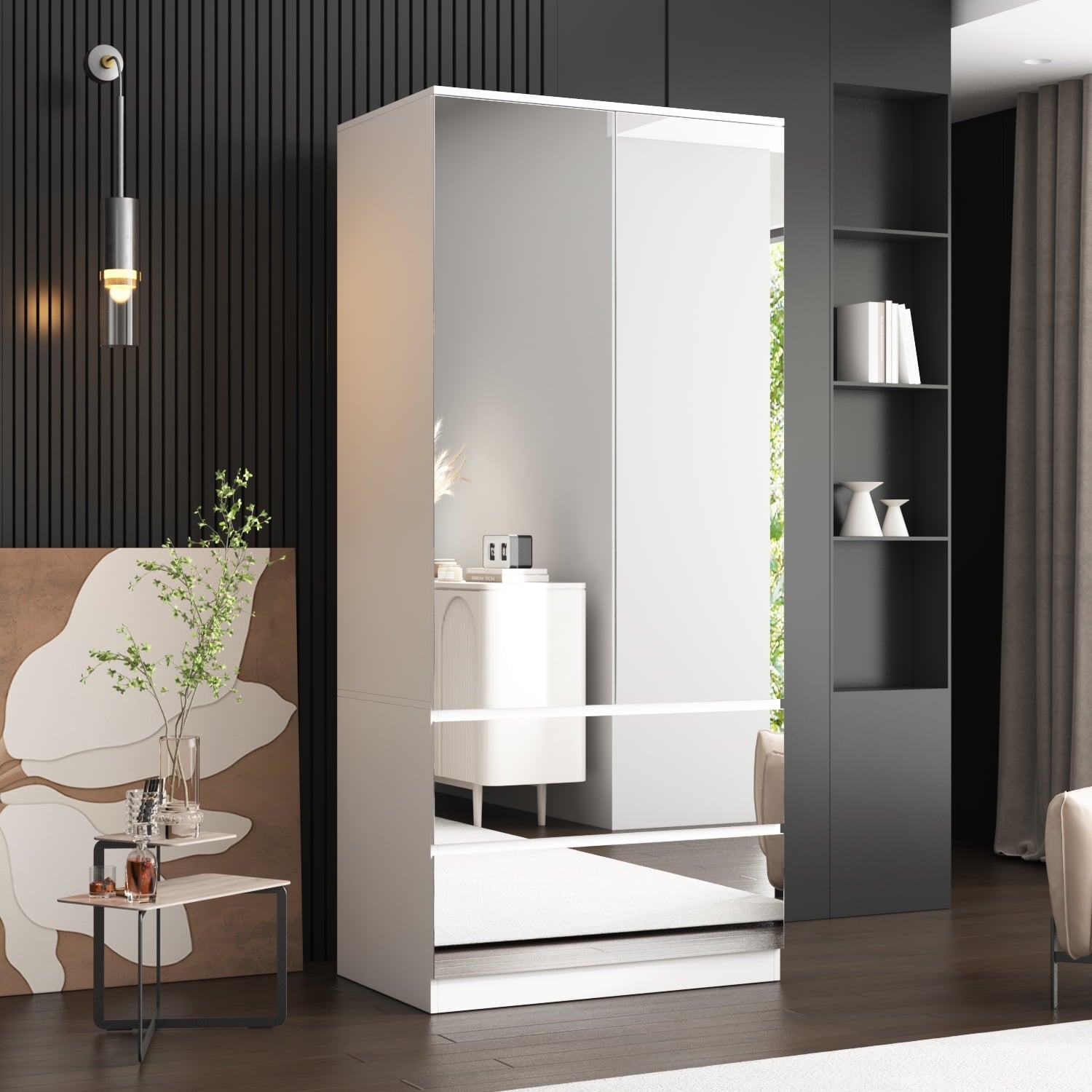 Wiawg 2 Door Wardrobe Armoire,Mirrored Closet Storage with Drawers and Shelves,White