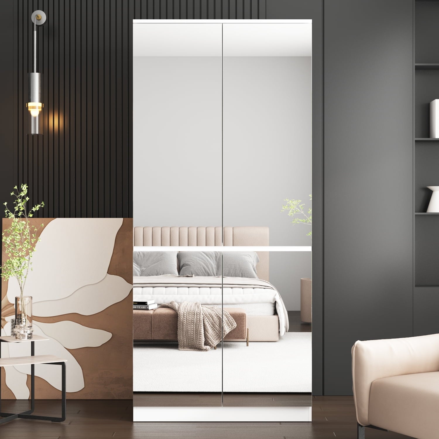 Wiawg 2 Door Wardrobe Armoire,Mirrored Closet Storage with Drawers and Shelves,White