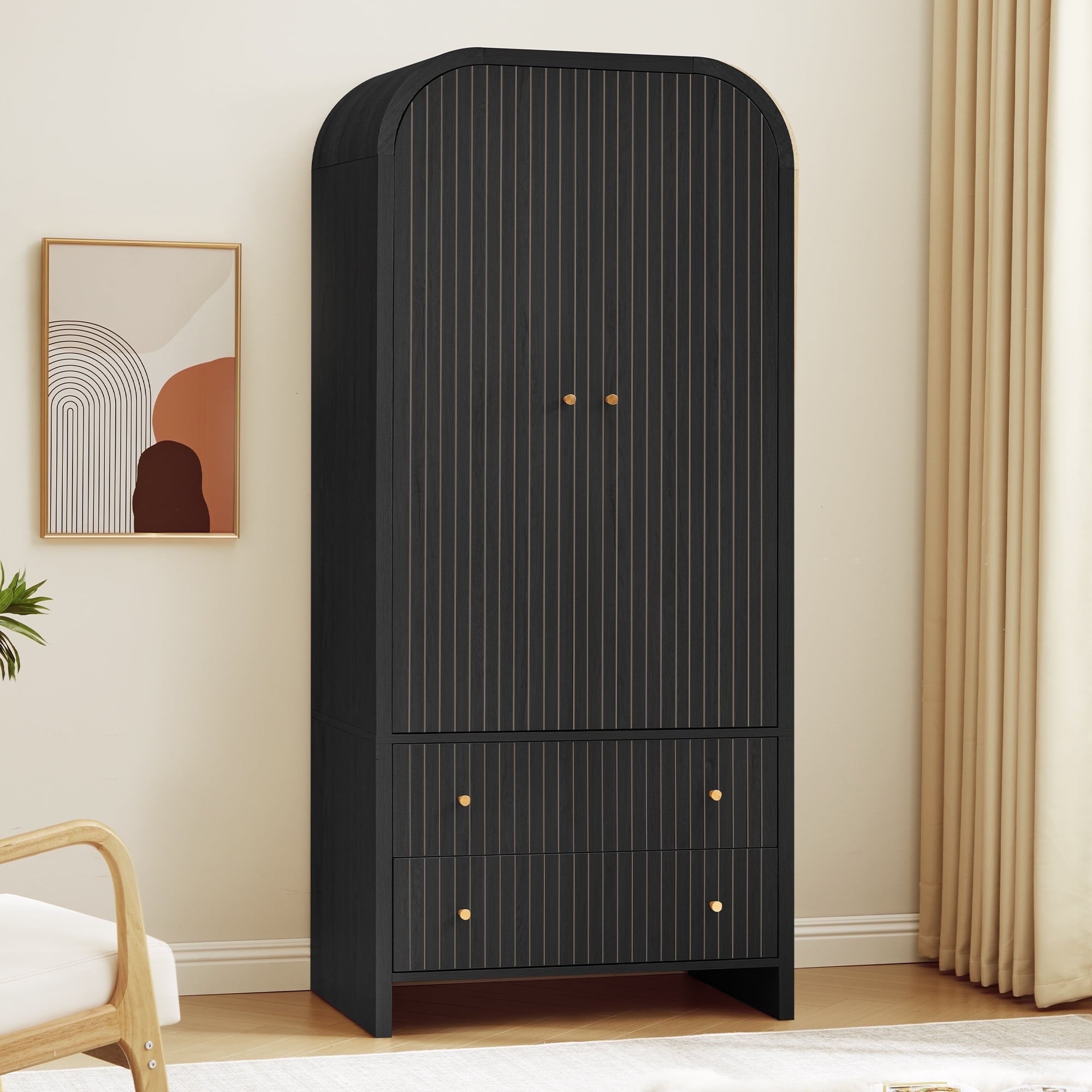 Wirrytor Freestanding Wooden Armoire Wardrobe with 2 Woven Doors and Storage Drawers, Space-Saving Closet Cabinet for Bedroom, Sturdy Mdf Board Closet with Hanging Rail