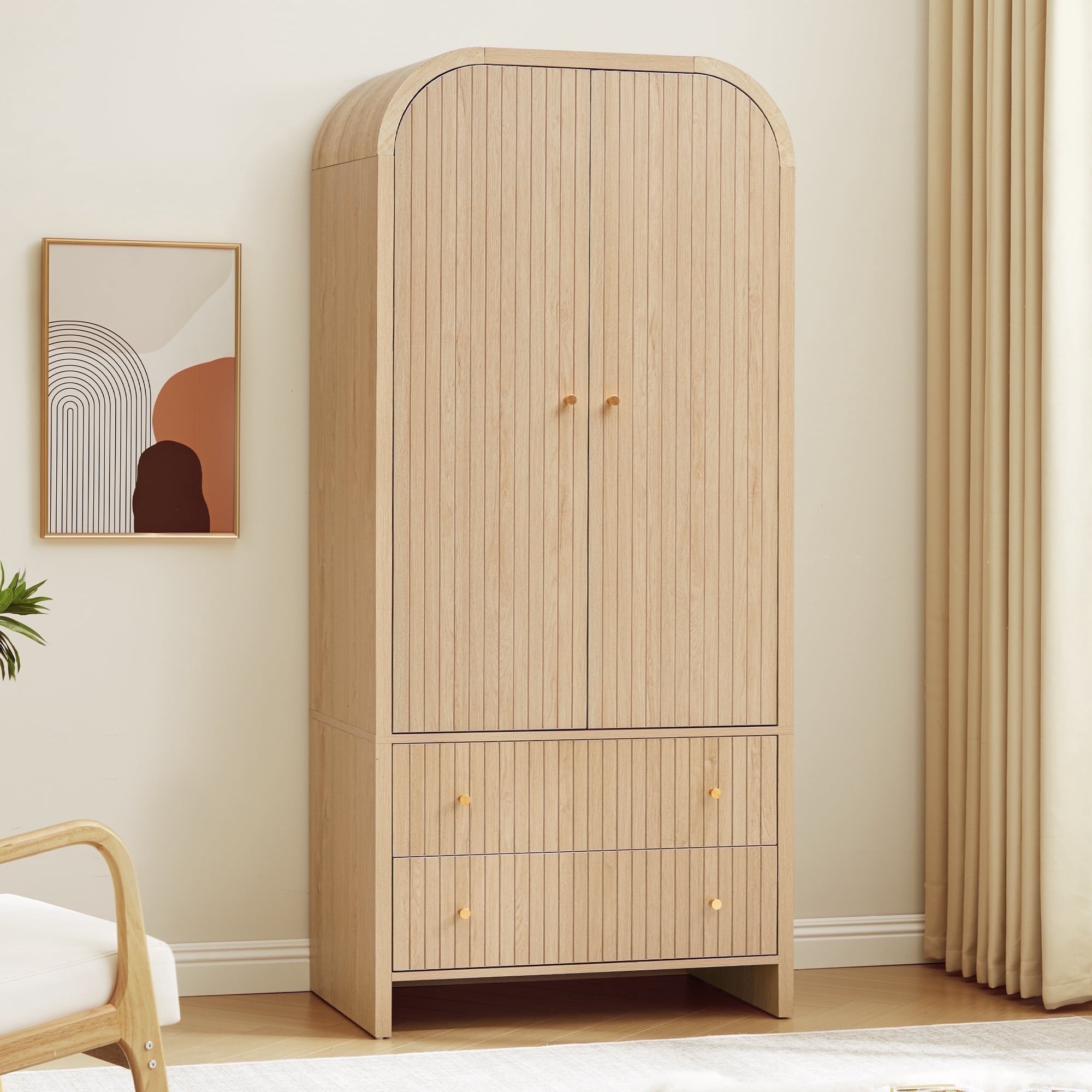 Wirrytor Freestanding Wooden Armoire Wardrobe with 2 Woven Doors and Storage Drawers, Space-Saving Closet Cabinet for Bedroom, Sturdy Mdf Board Closet with Hanging Rail