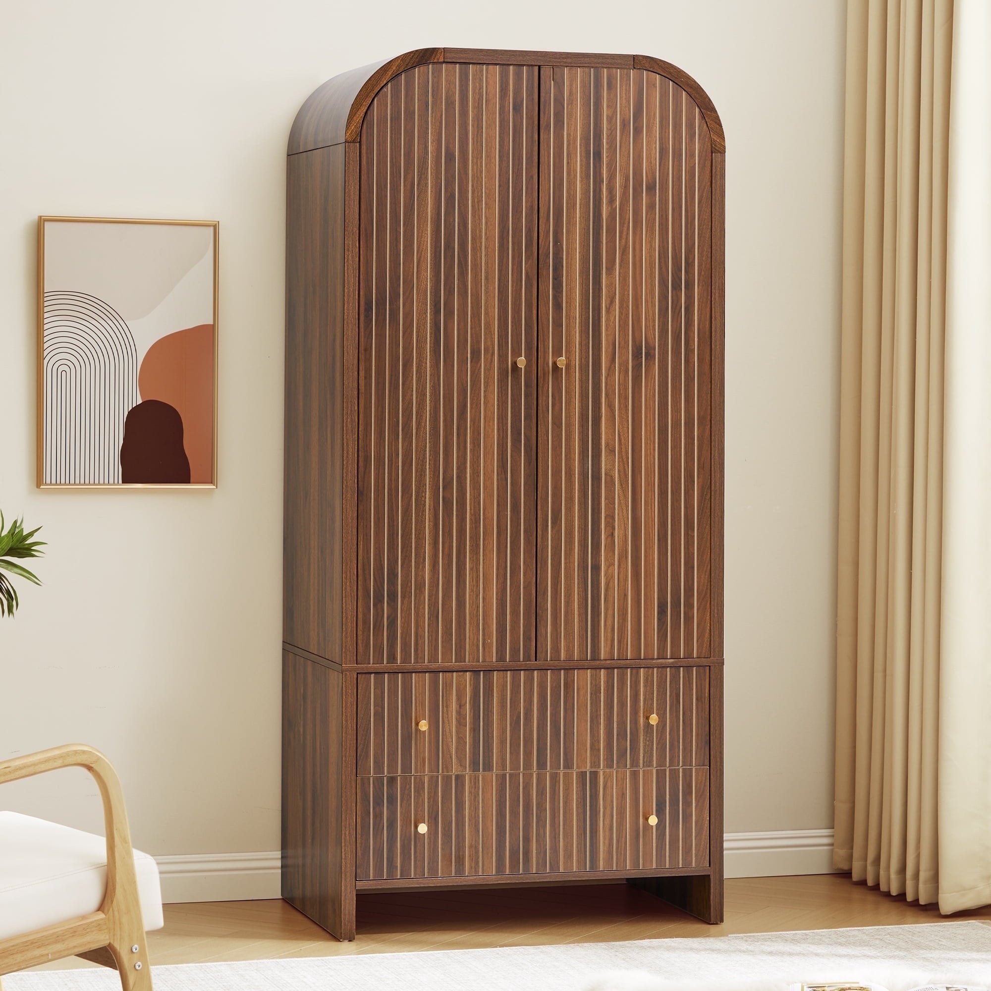 Wirrytor Freestanding Wooden Armoire Wardrobe with 2 Woven Doors and Storage Drawers, Space-Saving Closet Cabinet for Bedroom, Sturdy Mdf Board Closet with Hanging Rail