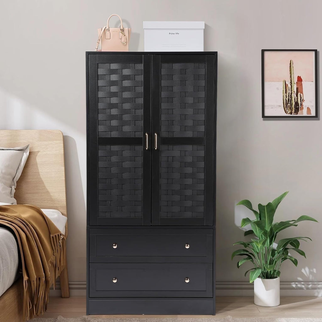 Wirrytor Freestanding Wooden Armoire Wardrobe with 2 Woven Doors and Storage Drawers, Space-Saving Closet Cabinet for Bedroom, Sturdy Mdf Board Closet with Hanging Rail