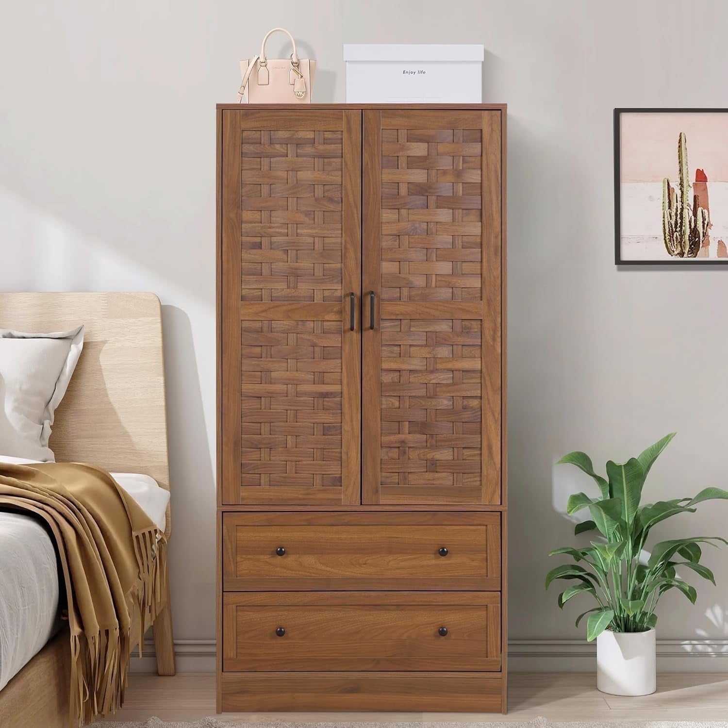 Wirrytor Freestanding Wooden Armoire Wardrobe with 2 Woven Doors and Storage Drawers, Space-Saving Closet Cabinet for Bedroom, Sturdy Mdf Board Closet with Hanging Rail