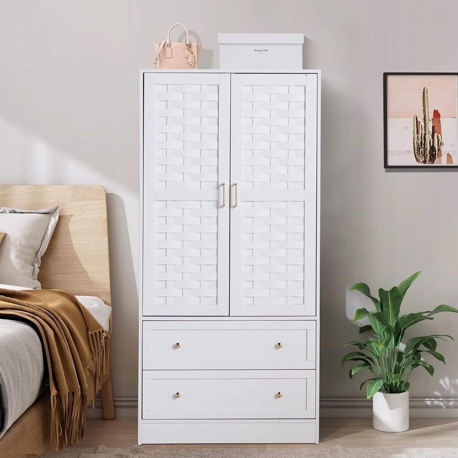 Wirrytor Freestanding Wooden Armoire Wardrobe with 2 Woven Doors and Storage Drawers, Space-Saving Closet Cabinet for Bedroom, Sturdy Mdf Board Closet with Hanging Rail