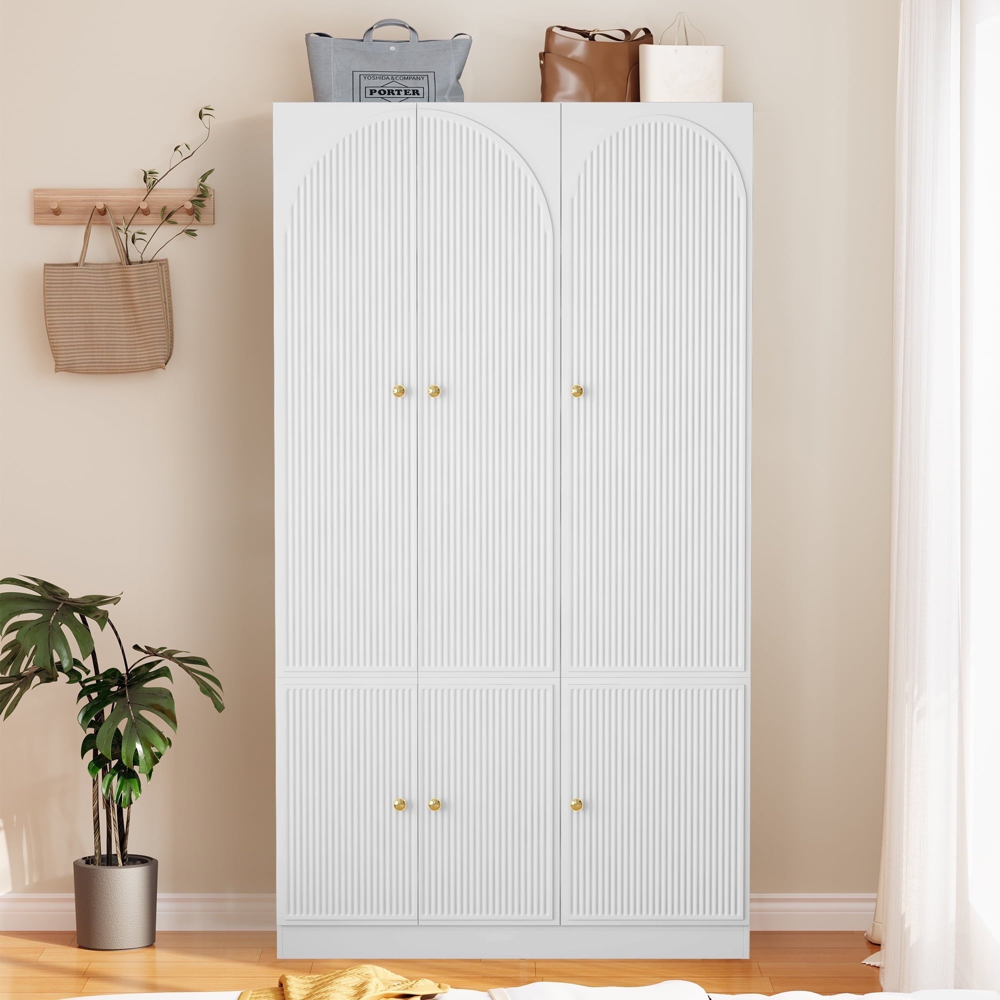 Wirrytor Freestanding Wooden Armoire Wardrobe with 2 Woven Doors and Storage Drawers, Space-Saving Closet Cabinet for Bedroom, Sturdy Mdf Board Closet with Hanging Rail
