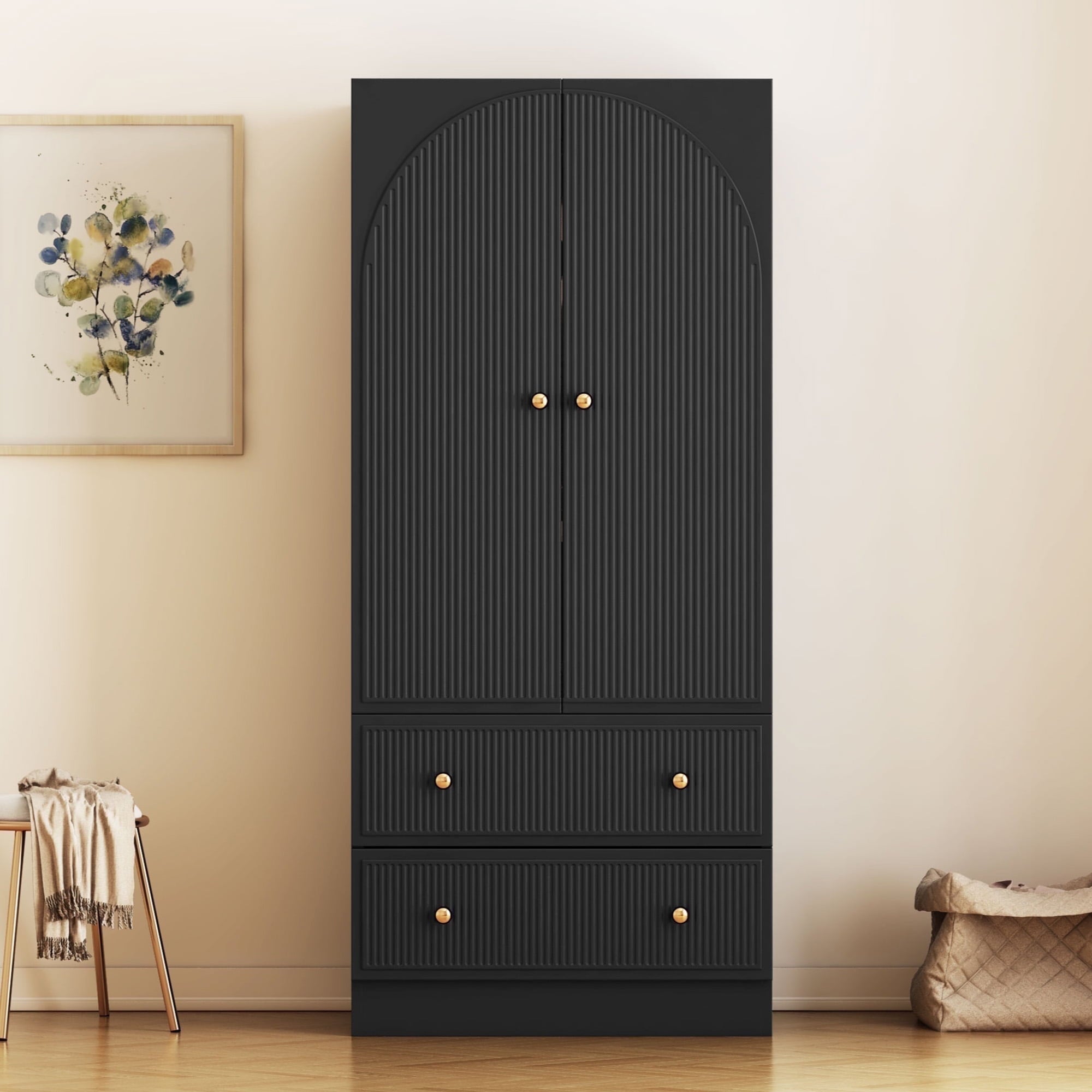 Wirrytor Freestanding Wooden Armoire Wardrobe with 2 Woven Doors and Storage Drawers, Space-Saving Closet Cabinet for Bedroom, Sturdy Mdf Board Closet with Hanging Rail