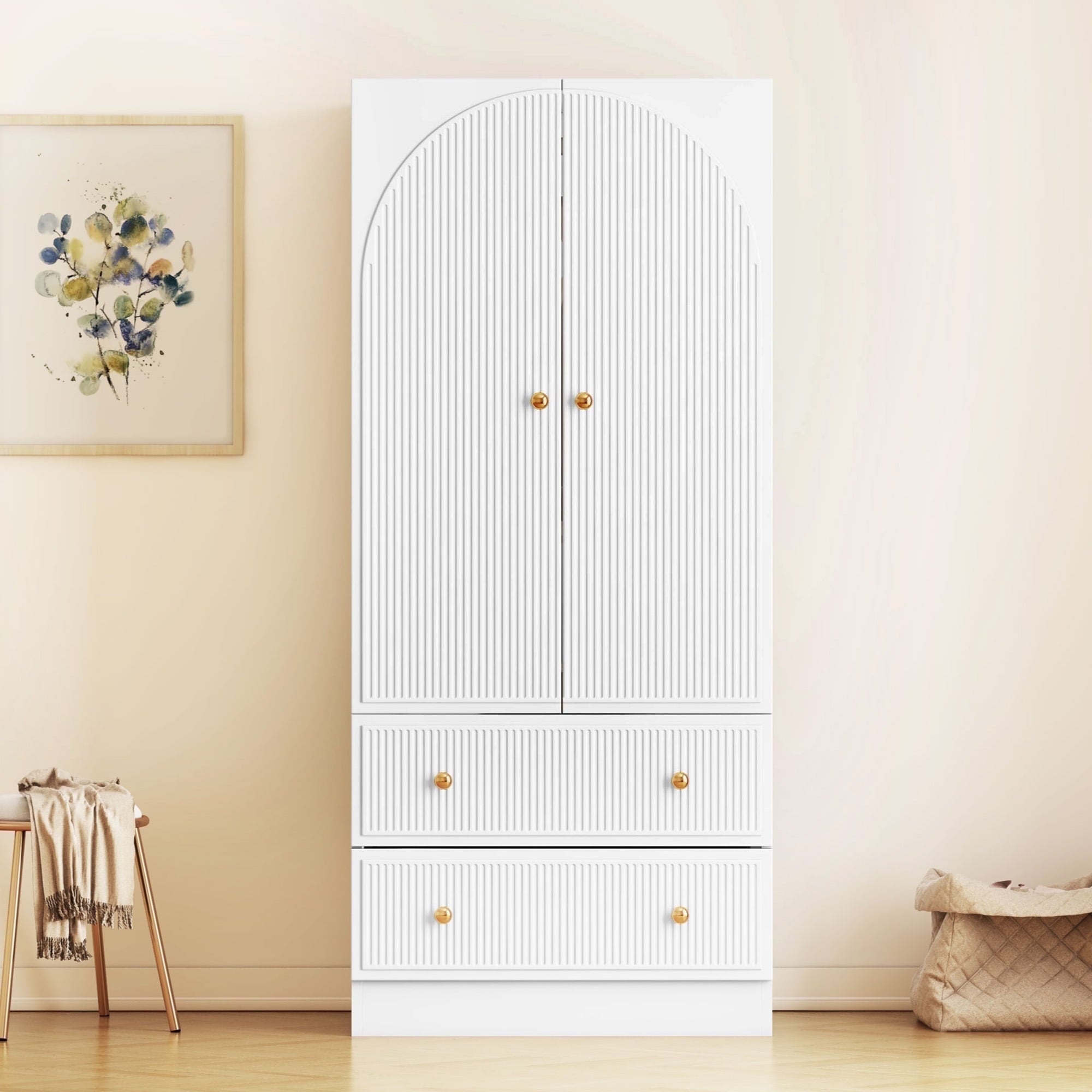 Wirrytor Freestanding Wooden Armoire Wardrobe with 2 Woven Doors and Storage Drawers, Space-Saving Closet Cabinet for Bedroom, Sturdy Mdf Board Closet with Hanging Rail