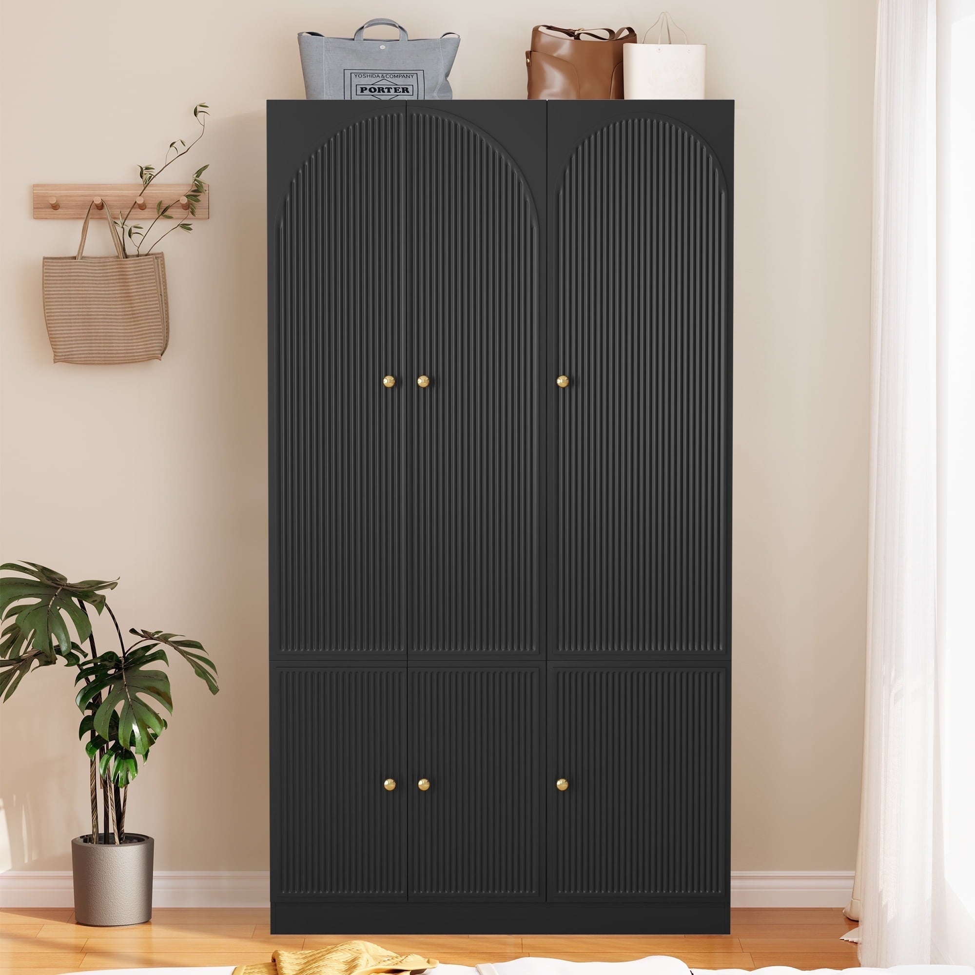 Wirrytor Freestanding Wooden Armoire Wardrobe with 2 Woven Doors and Storage Drawers, Space-Saving Closet Cabinet for Bedroom, Sturdy Mdf Board Closet with Hanging Rail