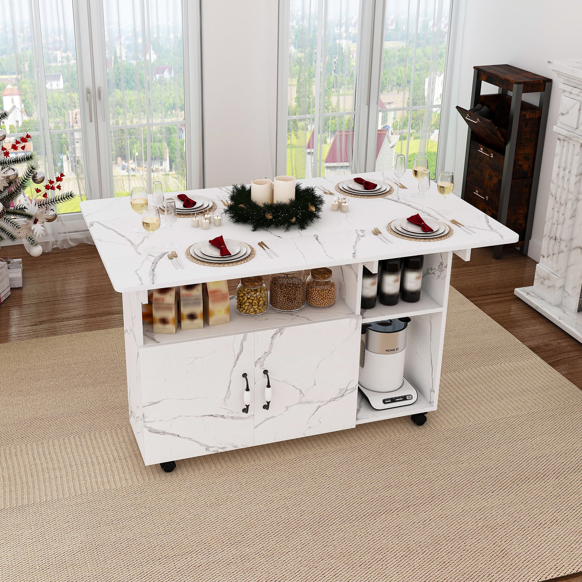 Wohh 47 Inch Folding Dining Table with Storage Shelves & Wheels, Multifunctional Kitchen Desk for Small Spaces, Compact Mobile Computer Desk for Home Office, Dorm, Adjustable Foldable Study Table