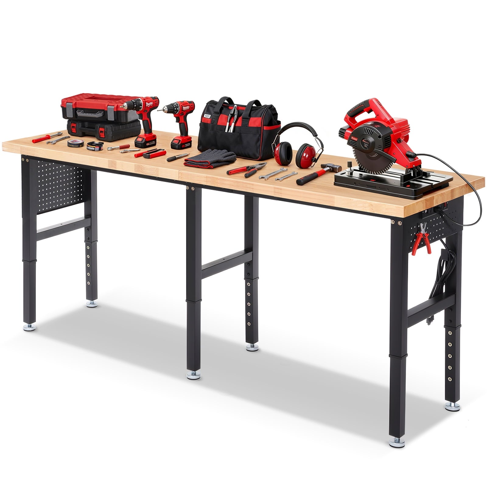 Workbench for Garage,ENJOYWOOD Heavy Duty 84 inch Wood Work Bench with Power Outlets and Peoboards,Rubber Wood Tabletop,5000 LBS Load Bearing Workstation Garage Desk Work Table