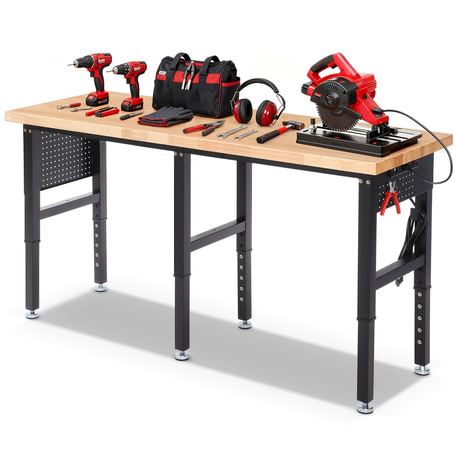 Workbench for Garage,ENJOYWOOD Heavy Duty 84 inch Wood Work Bench with Power Outlets and Peoboards,Rubber Wood Tabletop,5000 LBS Load Bearing Workstation Garage Desk Work Table