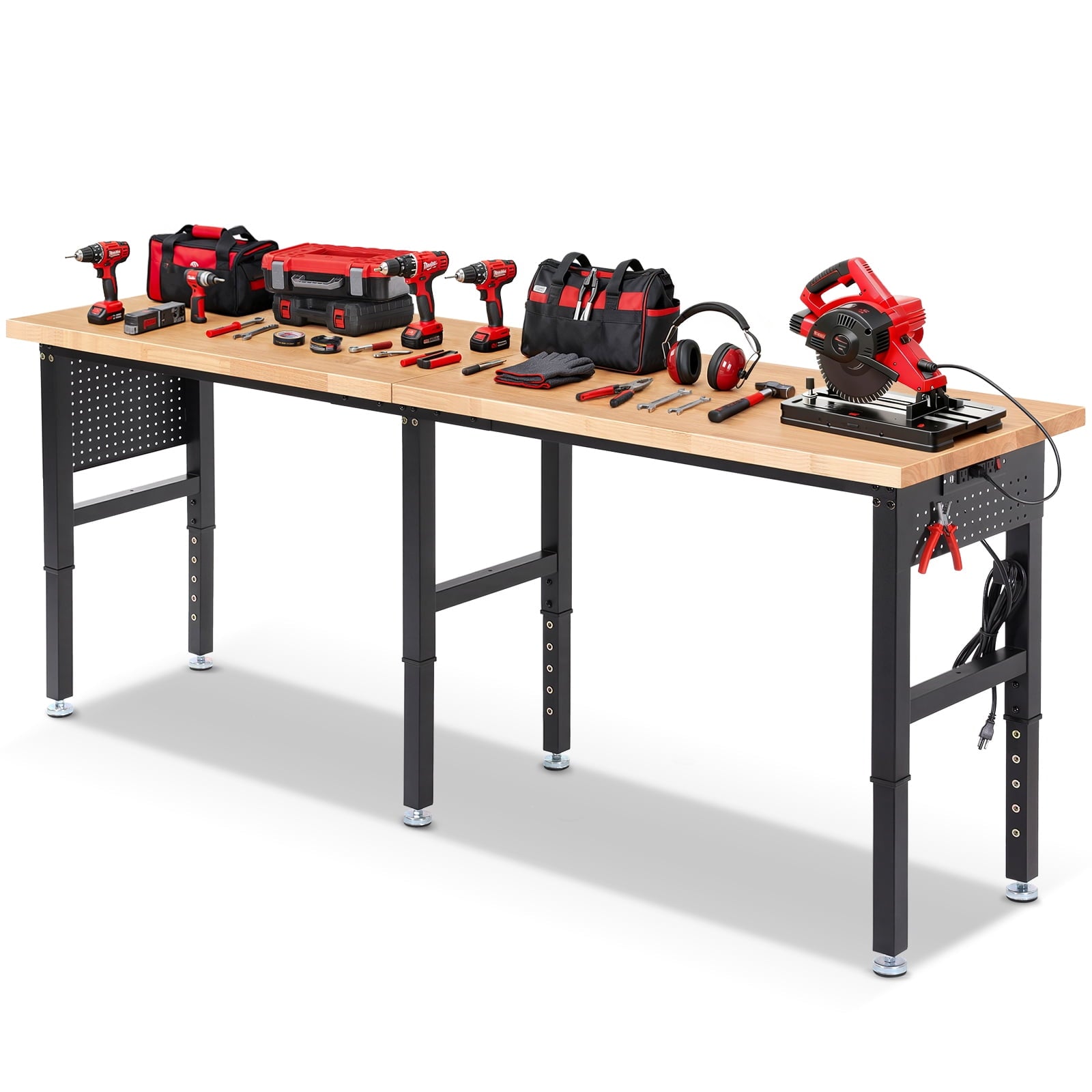 Workbench for Garage,ENJOYWOOD Heavy Duty 84 inch Wood Work Bench with Power Outlets and Peoboards,Rubber Wood Tabletop,5000 LBS Load Bearing Workstation Garage Desk Work Table