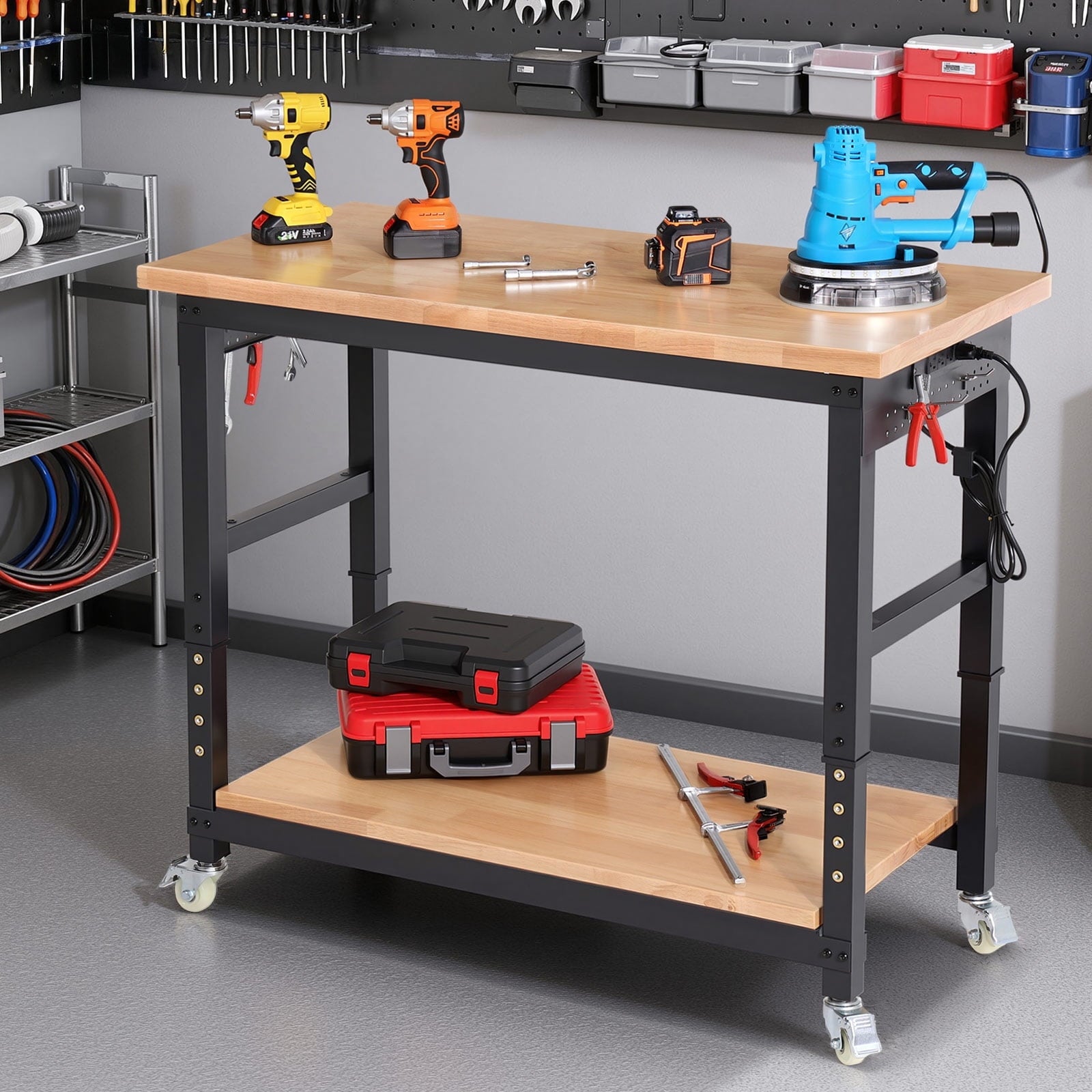 Workbench for Garage,ENJOYWOOD Heavy Duty 48 inch 2 Tier Wood Work Bench with Rolling Wheels and Power Outlets,Rubber Wood Tabletop,2000 LBS Load Bearing Workstation Garage Desk Table Worktable