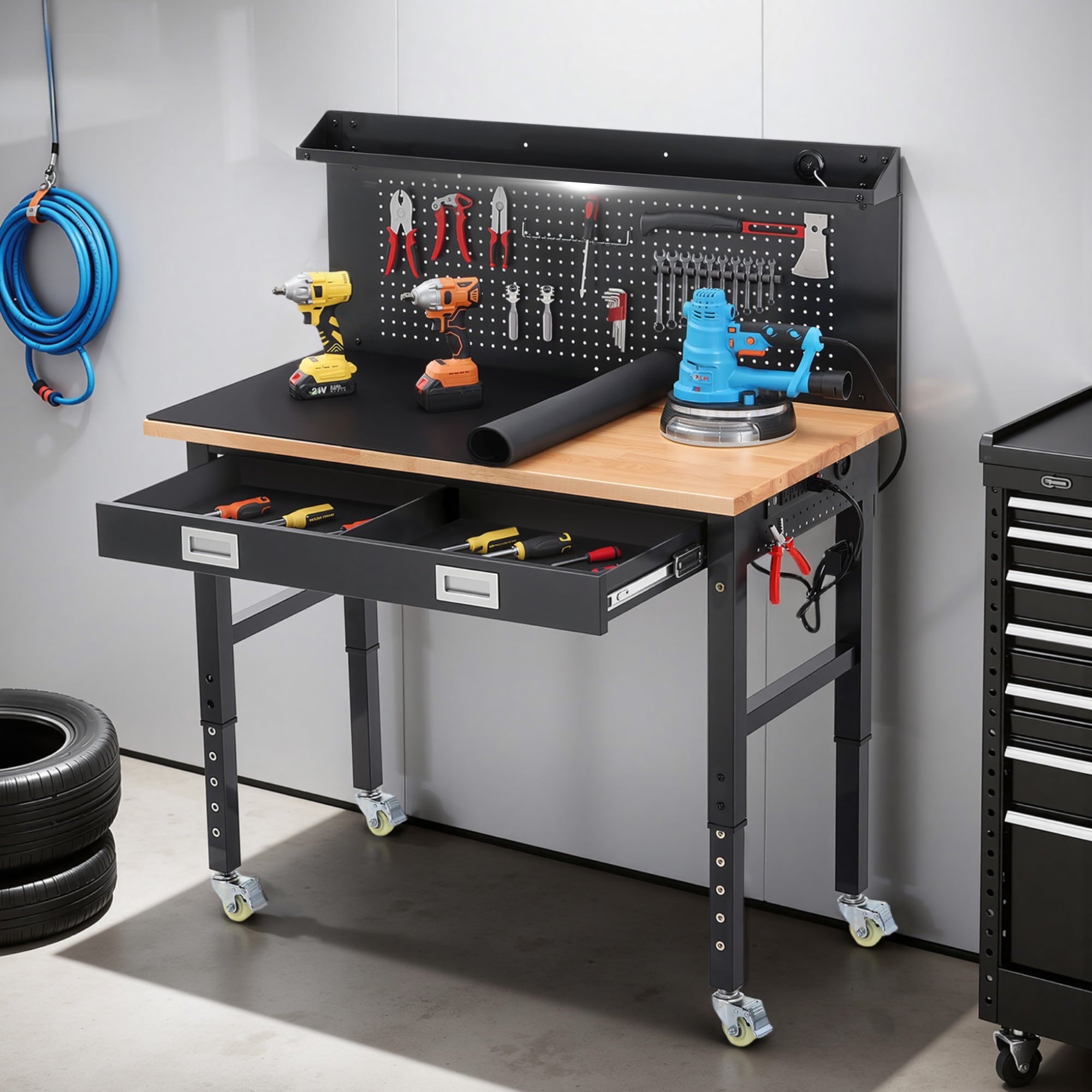 Workbench for Garage,ENJOYWOOD Heavy Duty 48 inch Wood Work Bench with Drawers,Led Lights, Pegboard and Wheels,Rubber Wood Tabletop,2000 LBS Load Bearing Workstation Garage Desk Table Worktable