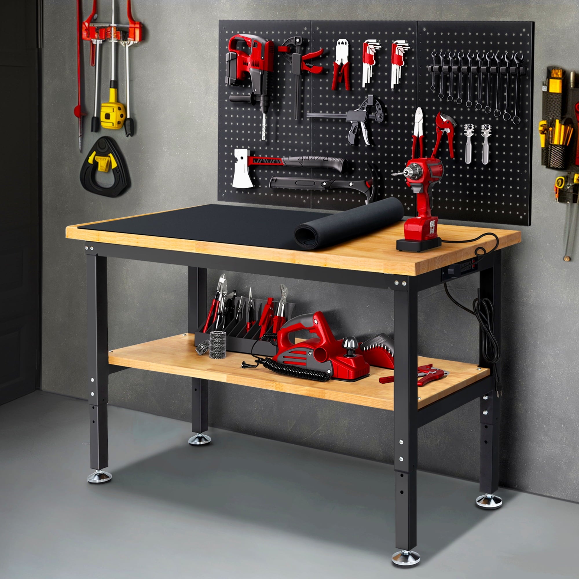 Workbench for Garage,ENJOYWOOD Heavy-Duty 60 inch 2 Tier Wood Work Bench with Storage Pegboards,Rubber Mat,Power Outlets, Rubber Wood Tabletop 2000 LBS Load Bearing Workstation Garage Desk Work Table