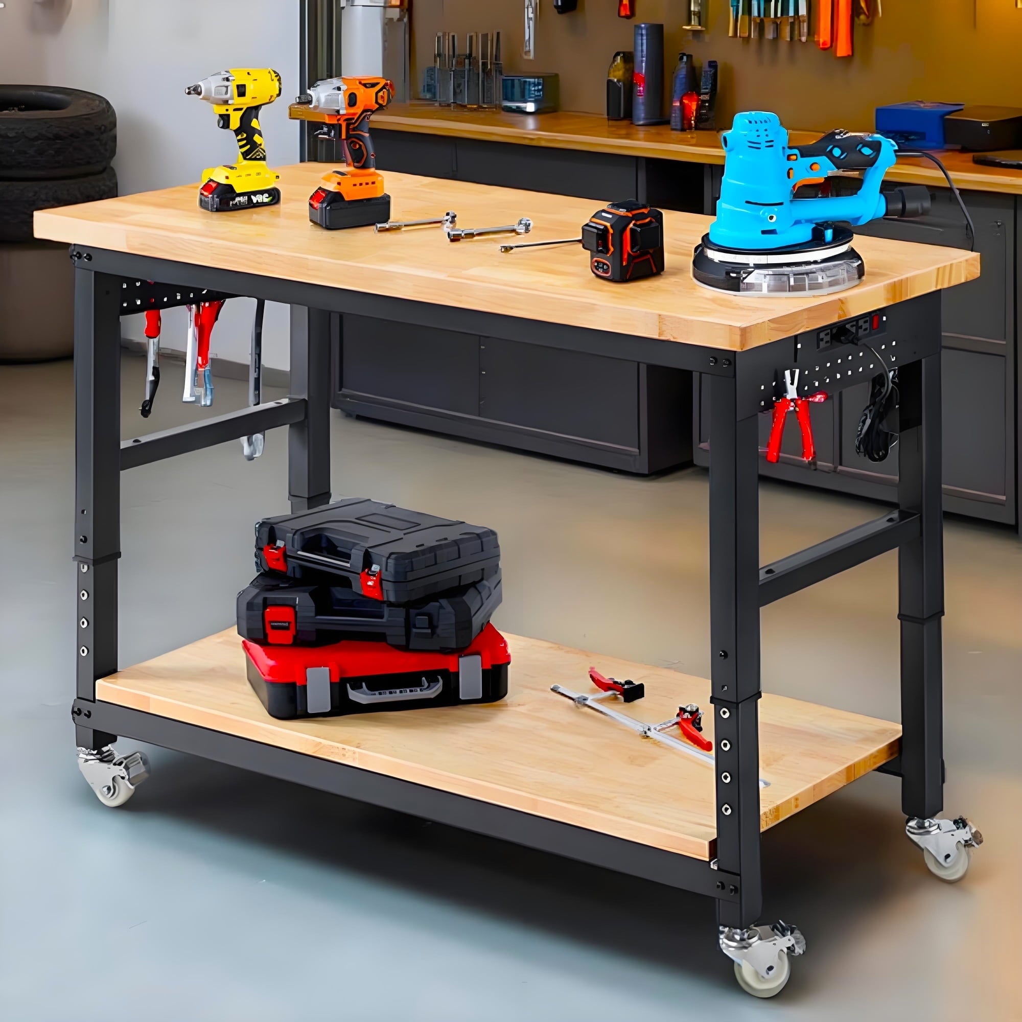 Workbench for Garage,ENJOYWOOD Heavy Duty 48 inch 2 Tier Wood Work Bench with Rolling Wheels and Power Outlets,Rubber Wood Tabletop,2000 LBS Load Bearing Workstation Garage Desk Table Worktable